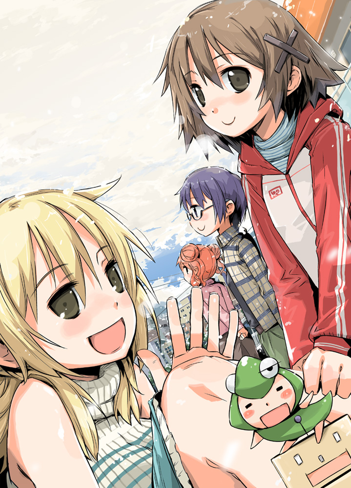 yamane masato, hiro (hidamari sketch), miyako (hidamari sketch), sae (hidamari sketch), ume-sensei, yuno (hidamari sketch), hidamari sketch, bad id, bad pixiv id, 00s, 4girls, :d, arms behind back, bare shoulders, blonde hair, blue hair, blush, breath, brown eyes, brown hair, brown skirt, building, cloud, cloudy sky, creature, day, double bun, dutch angle, everyone, glasses, green eyes, hair between eyes, hair bun, hair ornament, hood, hooded jacket, jacket, knees, knees up, long sleeves, looking at viewer, looking back, multiple girls, nose blush, open clothes, open jacket, open mouth, outdoors, pink shirt, plaid clothes, plaid jacket, red hair, red jacket, ribbon-trimmed sleeves, ribbon trim, semi-rimless eyewear, shiny skin, shirt, short hair, sitting, skirt, sky, sleeveless, sleeveless turtleneck, smile, sweater, town, track jacket, turtleneck, turtleneck sweater, under-rim eyewear, upper body, v arms, waving, winter, x hair ornament, yellow eyes