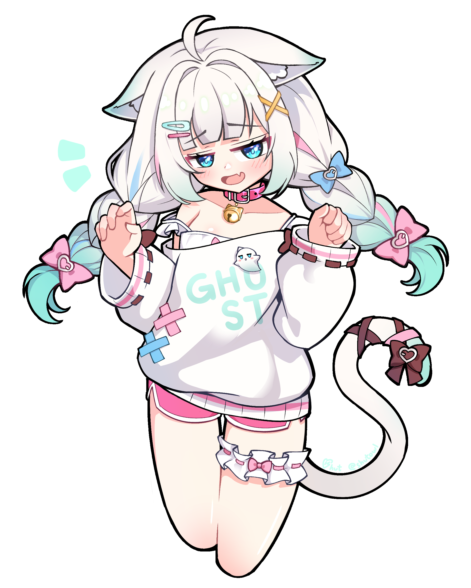shutowl, mint fantome, mint fantome (otaku), wisps (mint fantome), indie virtual youtuber, absurdres, highres, 1girl, ahoge, animal ear fluff, animal ears, bell, blue bow, blue eyes, blunt bangs, blush, bow, braid, camisole, cat ears, cat girl, claw pose, collar, cowboy shot, dolphin shorts, fang, frilled camisole, frilled thigh strap, frills, gradient hair, green hair, hair bow, hair ornament, low twin braids, multicolored hair, neck bell, off-shoulder sweater, off shoulder, official alternate costume, official alternate hairstyle, open mouth, pink bow, pink collar, pink shorts, short shorts, shorts, sidelocks, single bare shoulder, skin fang, solo, strap slip, sweater, thigh strap, twin braids, virtual youtuber, white background, white hair, white sweater, wide sleeves, x hair ornament