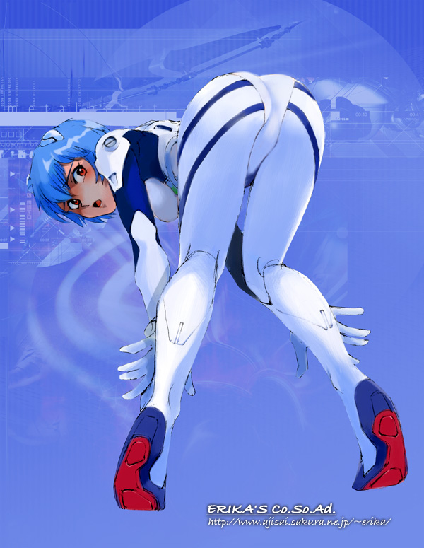 shibata masahiro, ayanami rei, neon genesis evangelion, 1girl, :o, ass, bent over, blue background, blue hair, blush, bodysuit, female focus, from behind, full body, gloves, hair between eyes, hair ornament, kneepits, looking back, mecha pilot suit, plugsuit (evangelion), red eyes, short hair, solo, surprised, tiptoes, watermark, web address