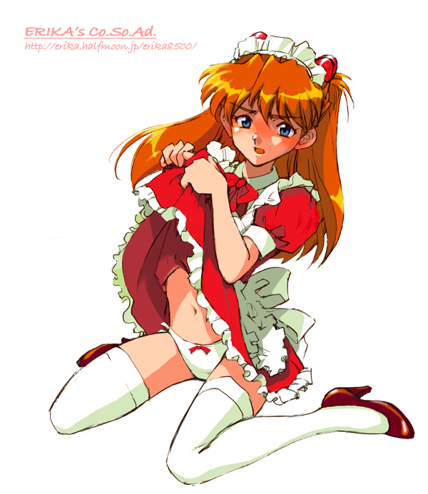 shibata masahiro, souryuu asuka langley, neon genesis evangelion, self exposure, 1girl, apron, blue eyes, bow, bow panties, brown shoes, clothes lift, dress, dress lift, facing viewer, female focus, frills, full body, hairpods, high heels, lifting own clothes, long hair, looking at viewer, maid, midriff, navel, open mouth, orange hair, panties, pmups, presenting, puffy short sleeves, puffy sleeves, red dress, red hair, shoes, short sleeves, simple background, sitting, solo, thighhighs, underwear, wariza, white apron, white background, white panties, white thighhighs