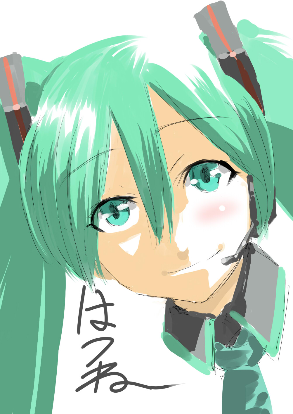 tukiwani, hatsune miku, vocaloid, highres, 1girl, aqua eyes, aqua hair, closed mouth, collared shirt, detached sleeves, female focus, grey shirt, hair between eyes, hair ornament, headphones, headset, long hair, looking at viewer, microphone, necktie, portrait, shirt, simple background, sketch, smile, solo, twintails, white background