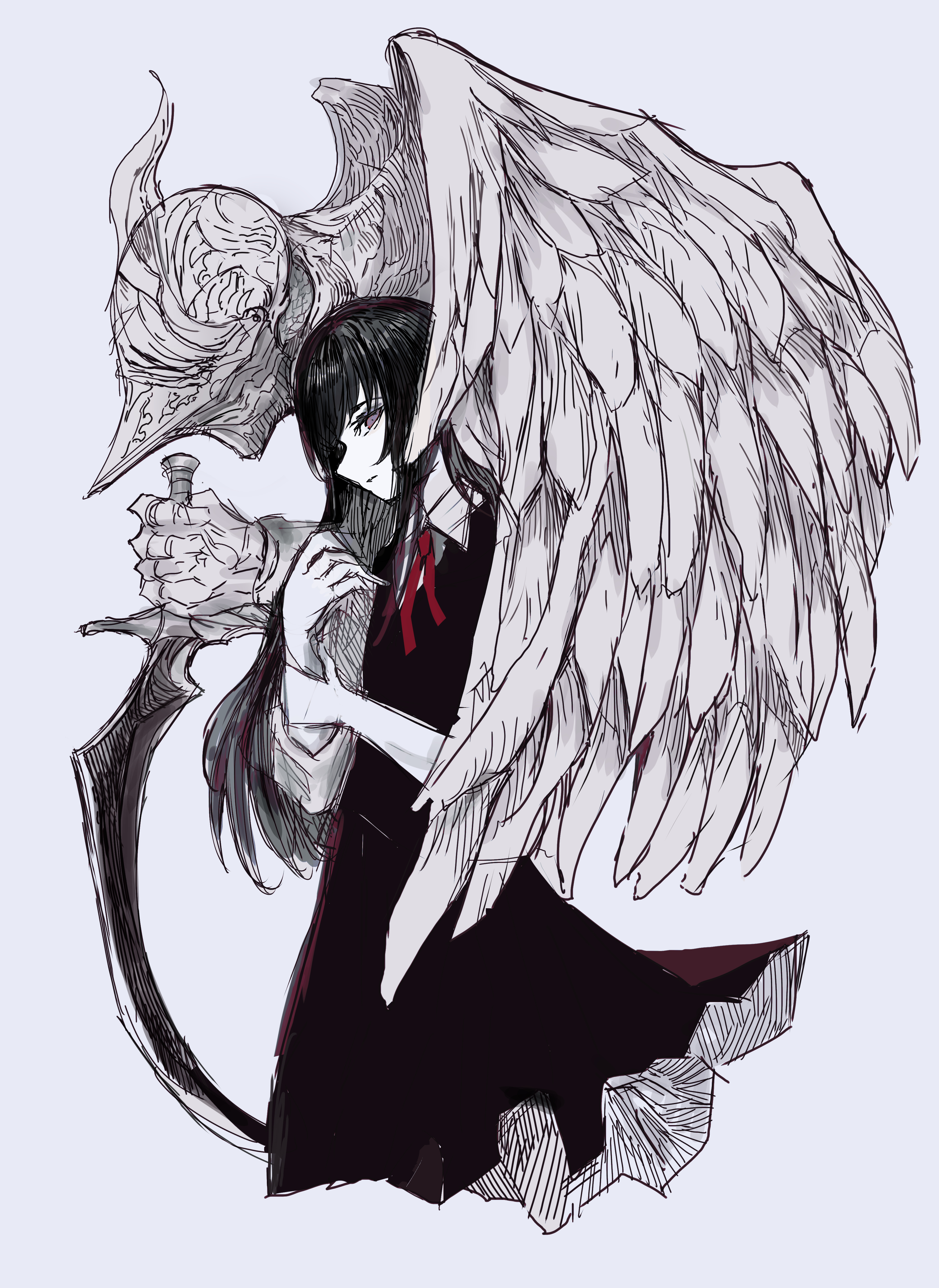 chuhaibane, original, absurdres, commentary, highres, 1girl, 1other, black dress, black hair, collared shirt, creature, dagger, dress, hand up, helm, helmet, knife, looking at viewer, neck ribbon, purple eyes, red ribbon, ribbon, shirt, simple background, sketch, sleeves rolled up, weapon, white background, wings