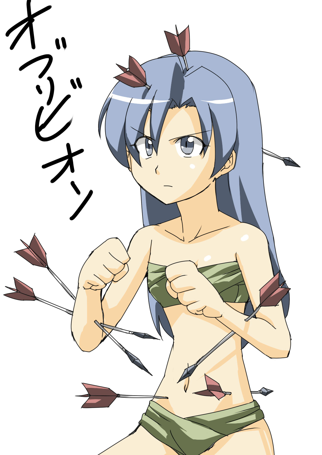 tukiwani, kisaragi chihaya, idolmaster, idolmaster (classic), idolmaster 1, the elder scrolls, the elder scrolls iv: oblivion, highres, 00s, 1girl, arrow (projectile), arrow in body, arrow in head, blue eyes, blue hair, female focus, gameplay mechanics, injury, matching hair/eyes, midriff, navel, object through head, simple background, solo, truth