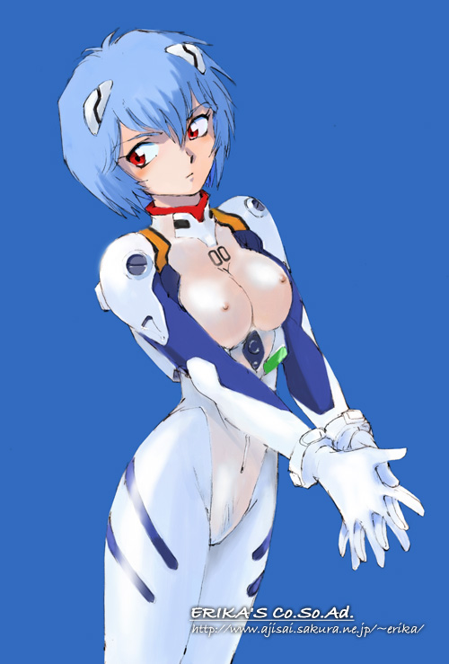 shibata masahiro, ayanami rei, neon genesis evangelion, looking away, 1girl, blue background, blue hair, blush, bodysuit, bracer, breasts, covered navel, cowboy shot, female focus, female pubic hair, from side, gloves, hair between eyes, hair ornament, mecha pilot suit, medium breasts, nipples, own hands together, plugsuit (evangelion), pubic hair, red eyes, see-through bodysuit, see-through clothes, short hair, simple background, solo, turtleneck, v arms, watermark, web address