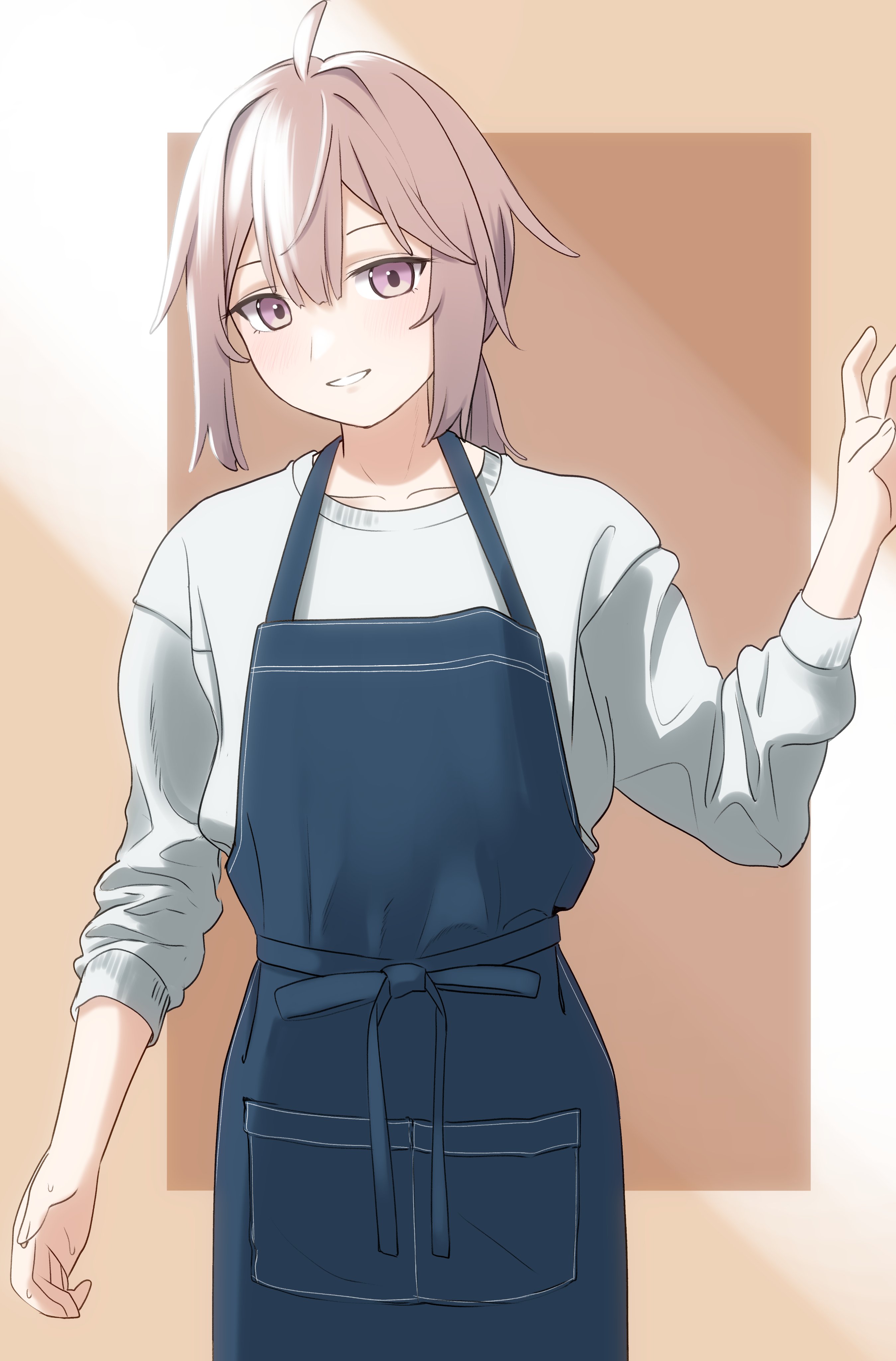 amamura tsuo, m200 (girls' frontline), girls' frontline, absurdres, commentary request, highres, 1girl, alternate costume, apron, blush, brown background, brown hair, collarbone, denim apron, looking at viewer, open mouth, simple background, smile, solo, sweat, sweater, white mouth, white sweater