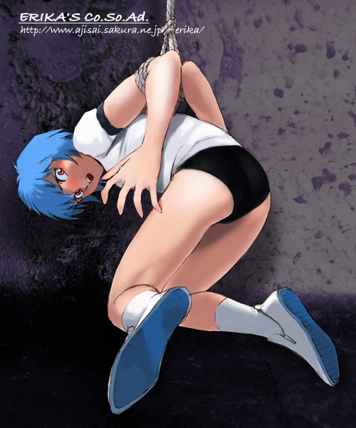 shibata masahiro, ayanami rei, neon genesis evangelion, 1girl, ass, bdsm, bent over, blue hair, bondage, bound, buruma, female focus, gym uniform, red eyes, rope, short hair, short sleeves, solo, watermark, web address