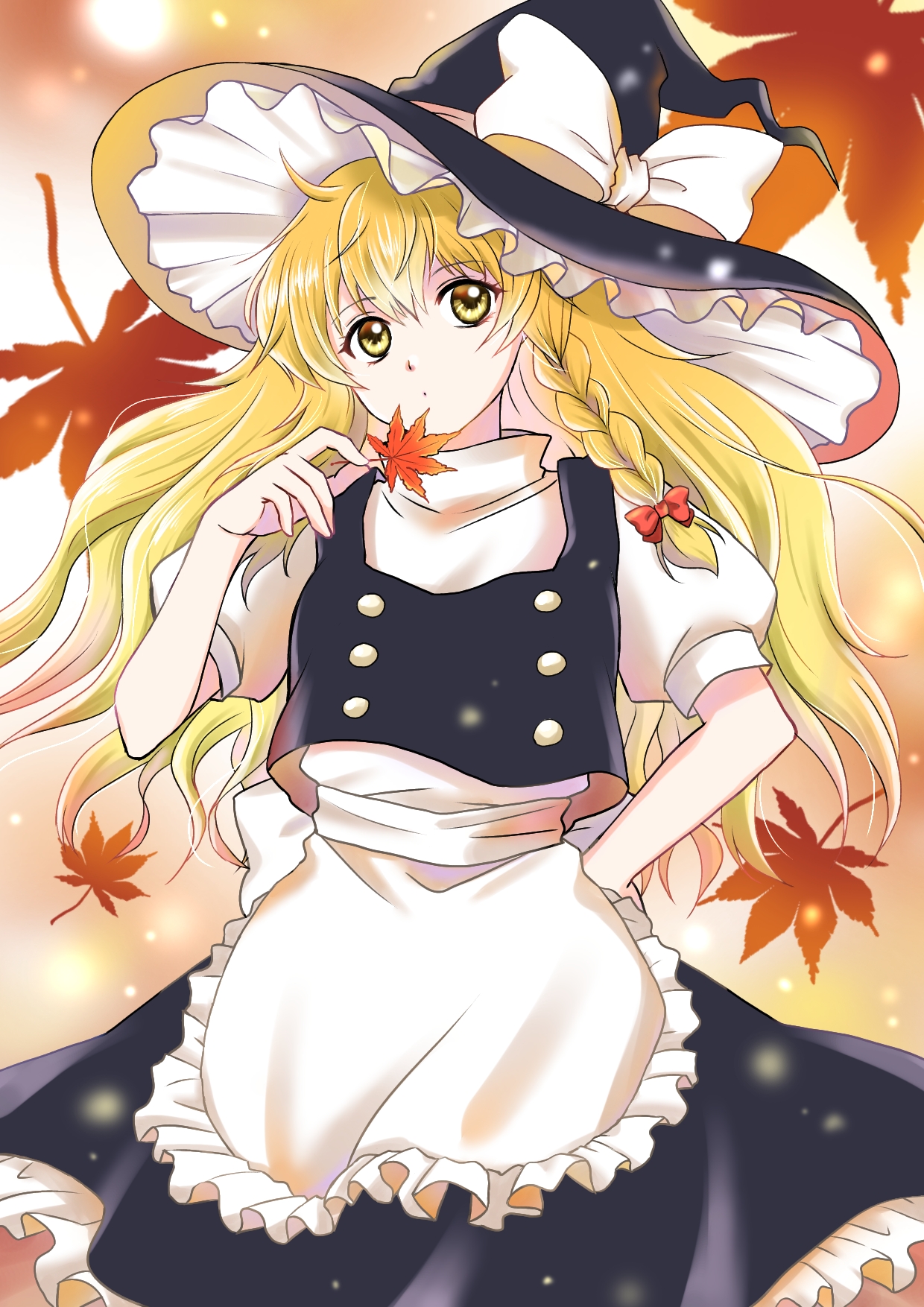 kirisame marisa, touhou, commentary request, highres, 1girl, apron, autumn leaves, black hat, black skirt, black vest, blonde hair, bow, braid, falling leaves, fukumaru (pixiv 75983091), hair bow, hand on own hip, hat, hat bow, holding, holding leaf, leaf, looking at viewer, maple leaf, red bow, side braid, single braid, skirt, solo, vest, waist apron, white apron, white bow, witch hat, yellow eyes