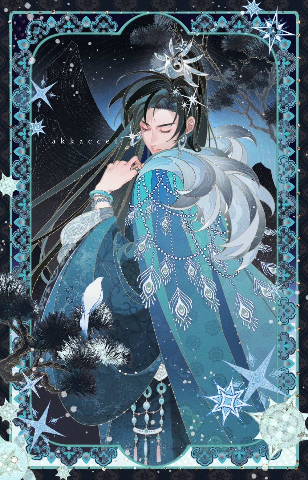 suto (sakumaaritsu), erha he ta de bai mao shizun, commentary, english commentary, highres, 1boy, aqua border, aqua cloak, aqua hanfu, artist name, bird, black background, blue background, border, bracelet, chinese clothes, cloak, closed eyes, cool colored, dark background, earrings, eyeliner, frown, fur-trimmed cloak, fur trim, hanfu, high ponytail, jade (gemstone), jewelry, jiang xi, long hair, long sleeves, looking down, makeup, male focus, multiple bracelets, night, night sky, ornate border, ornate clothes, outdoors, peacock feathers, pine tree, ponytail, red eyeliner, sky, solo, sparkle, standing, thumb ring, tree, white bird, wide sleeves, xiao guan (headdress)