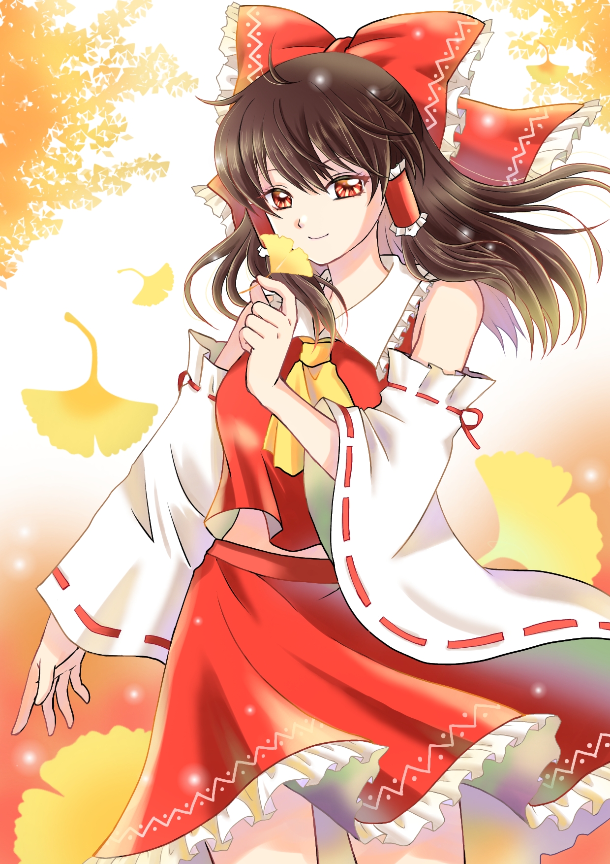 hakurei reimu, touhou, commentary request, highres, 1girl, ascot, bow, brown hair, closed mouth, detached sleeves, falling leaves, frilled bow, frilled hair tubes, frilled skirt, frills, fukumaru (pixiv 75983091), ginkgo leaf, hair bow, hair tubes, holding, holding leaf, leaf, long hair, looking at viewer, orange eyes, red bow, red skirt, ribbon-trimmed sleeves, ribbon trim, skirt, skirt set, smile, solo, yellow ascot