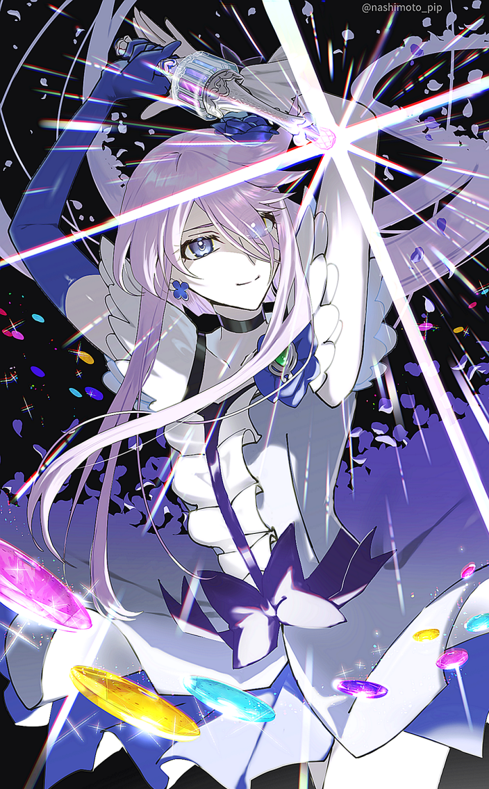 cure moonlight, tsukikage yuri, heartcatch precure!, precure, 1girl, aqua gemstone, blue dress, blue eyes, blue flower, blue gloves, blue rose, center frills, dress, earrings, elbow gloves, falling petals, flower, flower tact, frilled gloves, frills, gem, gloves, green gemstone, hair between eyes, hair flower, hair ornament, hand up, holding, holding wand, jewelry, layered dress, light particles, light rays, long dress, long hair, magical girl, nashimoto pip, navel ribbon, pale skin, parted bangs, petals, pink gemstone, purple hair, purple ribbon, red gemstone, ribbon, rose, rose petals, short sleeves, smile, very long hair, waist ribbon, wand, white dress, white gloves, yellow gemstone