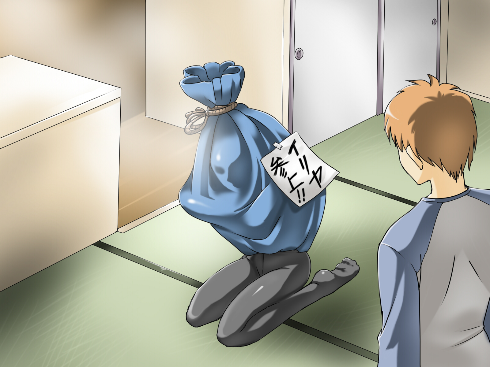 tukiwani, artoria pendragon (fate), emiya shirou, saber (fate), fate/stay night, fate (series), highres, translated, 1boy, 1girl, black pantyhose, blue dress, crotch seam, dress, feet, humiliation, in container, pantyhose, parody, prank, raglan sleeves, rope, sack, skirt tied over head, socks, stuck