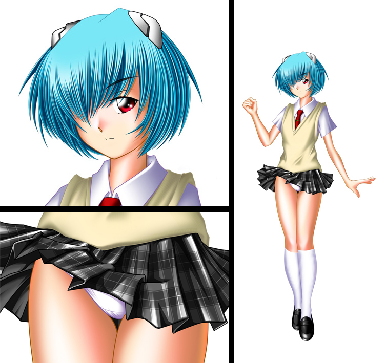 kankanze, ayanami rei, neon genesis evangelion, bad id, bad pixiv id, blue hair, hair over one eye, kneehighs, necktie, panties, red eyes, school uniform, short hair, skirt, socks, underwear