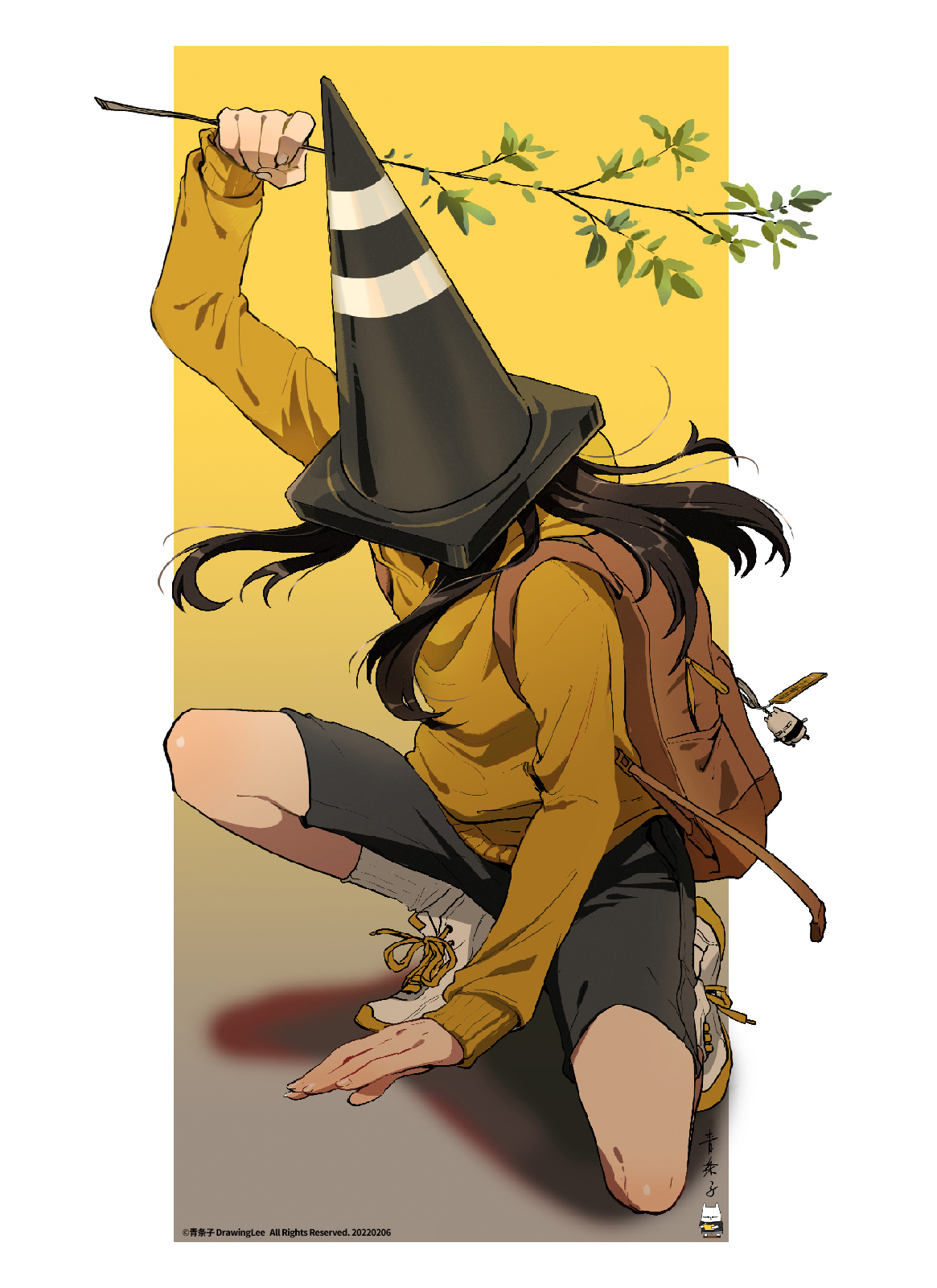 drawinglee, original, chinese commentary, highres, 1girl, artist name, backpack, bag, black shorts, border, branch, brown bag, brown hair, charm (object), fighting stance, fingernails, gradient background, grey background, holding, holding branch, leaf, long hair, long sleeves, outside border, shadow, shoes, shorts, socks, solo, squatting, strap, sweater, traffic cone, traffic cone on head, twig, white border, white socks, yellow background, yellow sweater, zipper pull tab
