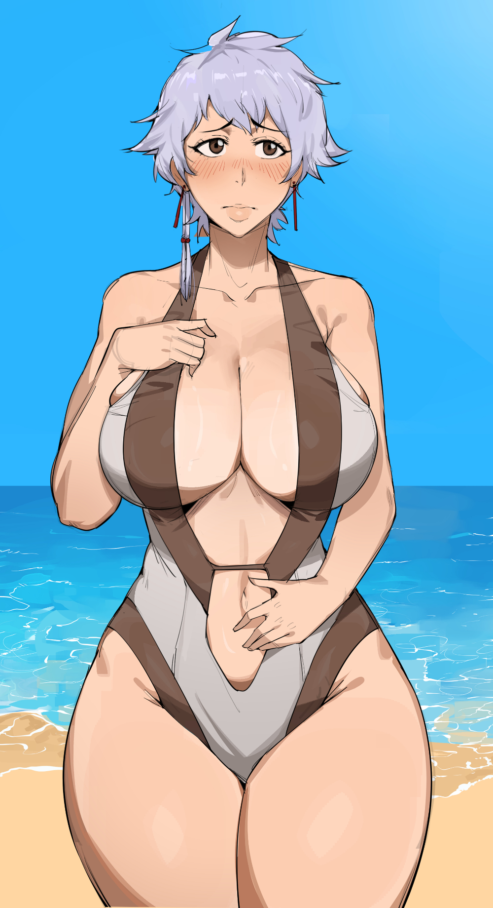dr octojuice, kotetsu isane, bleach, highres, 1girl, bare shoulders, beach, bikini, blush, breasts, collarbone, curvy, earrings, female focus, grey hair, jewelry, large breasts, lips, ocean, sand, short hair, swimsuit, thighs, water, wet, wide hips