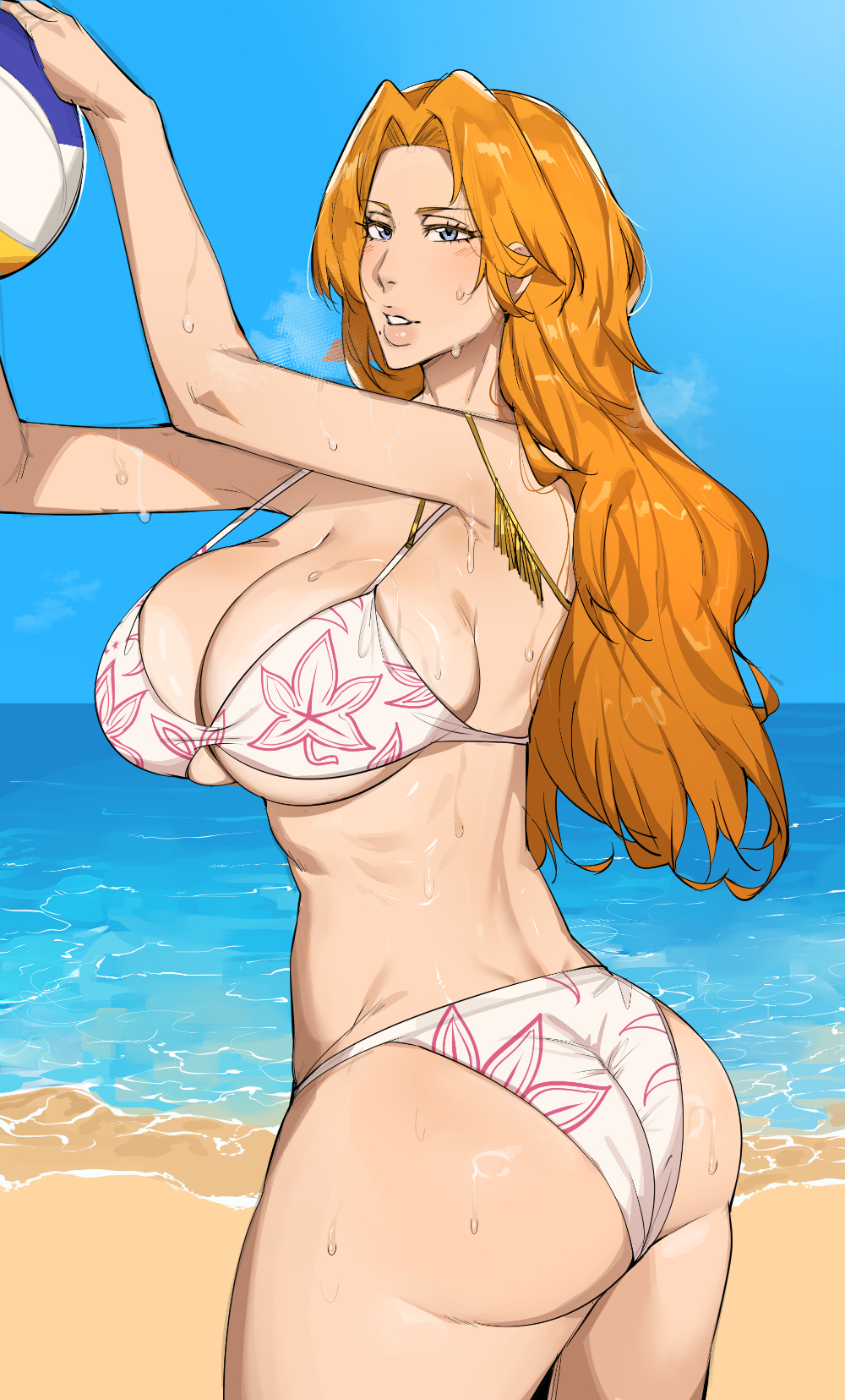dr octojuice, matsumoto rangiku, bleach, highres, 1girl, ass, ball, bare shoulders, beach, beachball, bikini, blue eyes, breasts, female focus, large breasts, long hair, mole, mole under mouth, ocean, orange hair, sand, swimsuit, thighs, water, wet