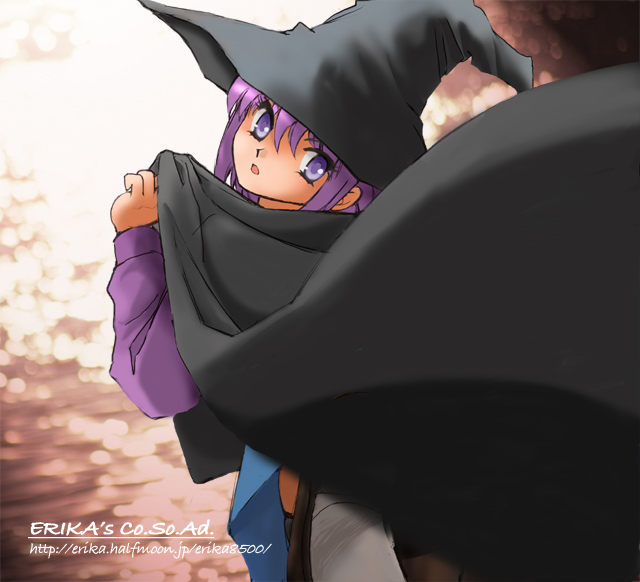 shibata masahiro, nagato yuki, suzumiya haruhi no yuuutsu, 00s, 1girl, :o, blush, cloak, female focus, hat, long sleeves, looking at viewer, outdoors, parted lips, path, purple eyes, purple hair, road, solo, solo focus, sunlight, witch hat
