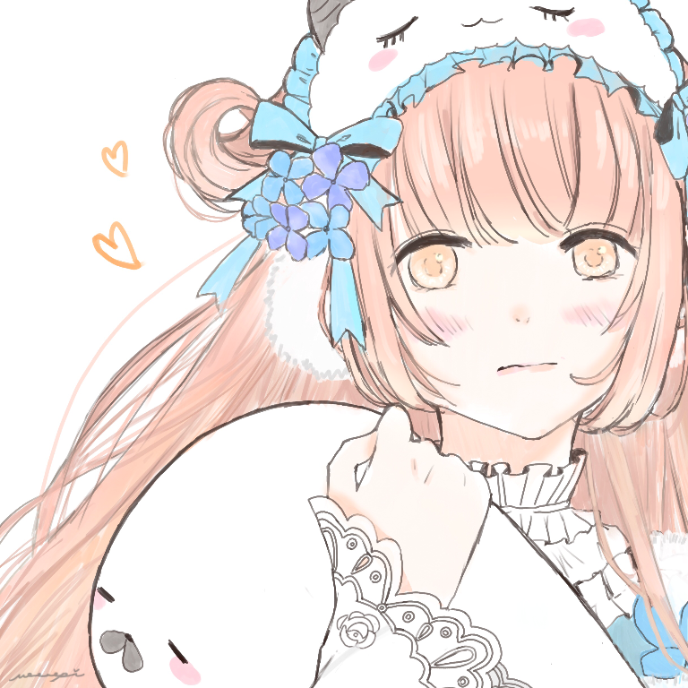 nikki (series), shining nikki, commentary request, 1girl, blue bow, blue dress, blue flower, blunt bangs, bow, closed mouth, collared dress, dress, earmuffs, expressionless, floral print, flower, frilled dress, frills, goat mask, hair bow, hair flower, hair ornament, hair rings, heart, high collar, holding, holding stuffed toy, light blush, lips, long hair, long sleeves, looking at viewer, mask, mask on head, moropii-chan, nostrils, orange hair, peppermint (shining nikki), pink lips, purple flower, rose print, simple background, single hair ring, sleep mask, sleeves past wrists, solo, stuffed seal, stuffed toy, upper body, white background, white mask, wide sleeves, yellow eyes