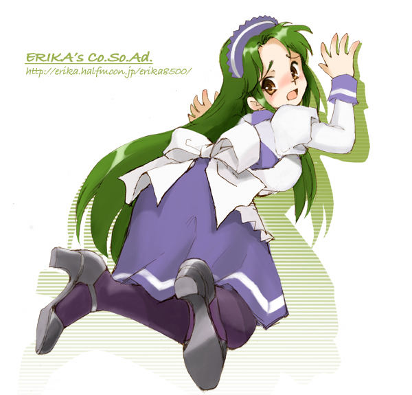 shibata masahiro, tsuruya, suzumiya haruhi no yuuutsu, 00s, full body, green hair, long hair, maid, pantyhose, solo, very long hair, watermark, web address