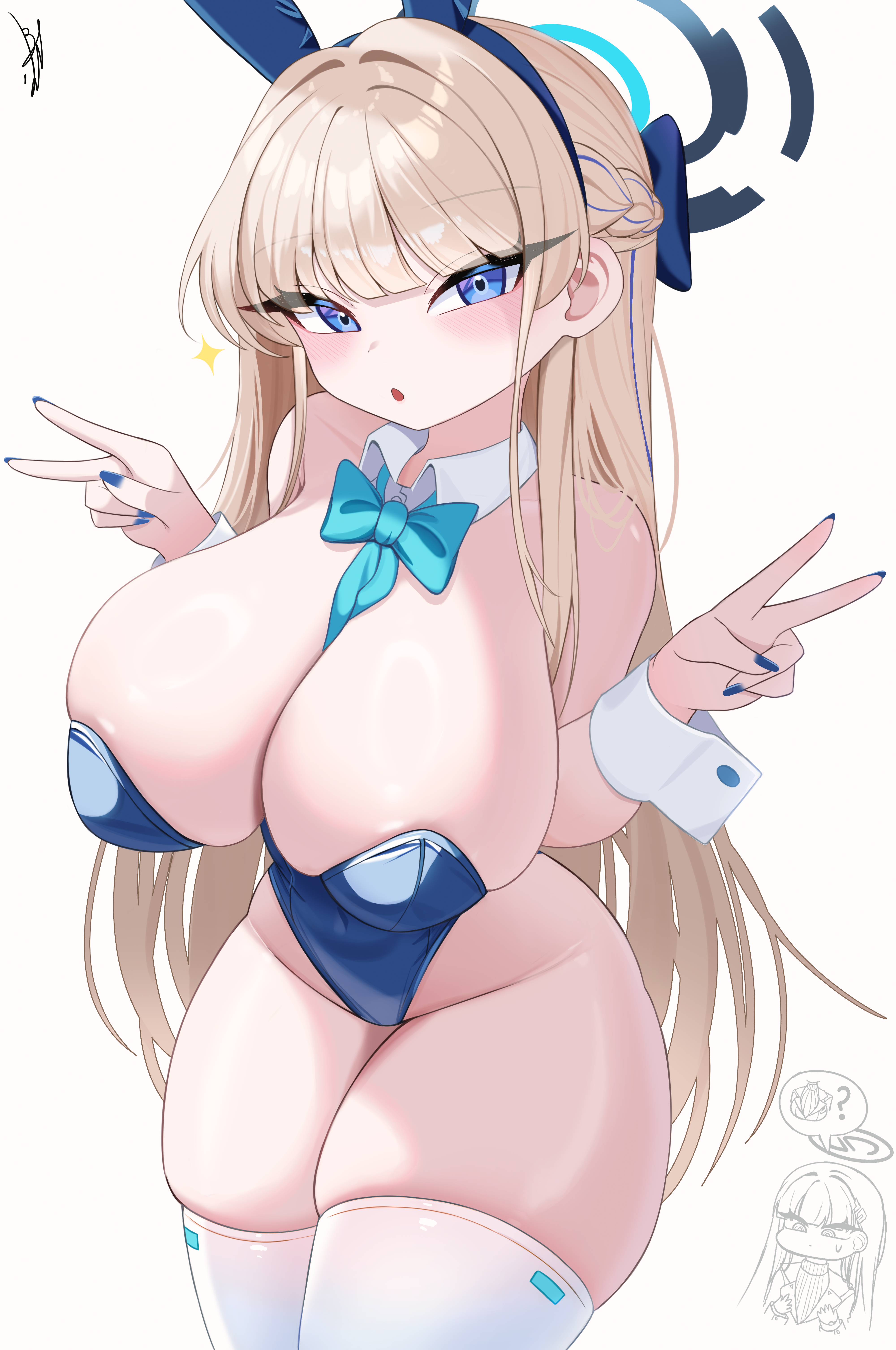rio (blue archive), toki (blue archive), toki (bunny) (blue archive), blue archive, absurdres, commentary, highres, 2girls, ?, animal ears, artist name, bare shoulders, between breasts, blonde hair, blue bow, blue bowtie, blue eyes, blue hair, blue hairband, blue halo, blue leotard, blue nails, blush, bow, bowtie, braid, breast conscious, breasts, chibi, chibi inset, closed mouth, covered navel, cowboy shot, detached collar, double v, fake animal ears, fingernails, groin, hair bow, hair ornament, hairband, hairclip, half up braid, halo, hands up, highleg, highleg leotard, jacket, large breasts, leotard, long hair, long sleeves, looking at self, looking at viewer, looking down, multicolored hair, multiple girls, nail polish, official alternate costume, parted lips, playboy bunny, rabbit ears, ribbed sweater, ringed eyes, signature, simple background, sparkle, speech bubble, spoken object, spoken question mark, standing, strapless, strapless leotard, streaked hair, sweatdrop, sweater, thighhighs, v, very long hair, white background, white thighhighs, wrist cuffs, yakyak
