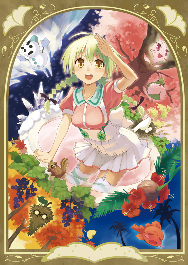 oryo (oryo04), original, bad id, bad pixiv id, 1girl, autumn, braid, brown eyes, garter belt, green hair, leaf, long hair, nature, seasons, skirt, snowman, spring (season), squirrel, summer, thighhighs, twin braids, winter
