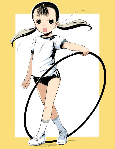 sody, original, 1girl, black hair, buruma, child, female focus, full body, gym uniform, hoop, hula hoop, shoes, socks, solo, twintails