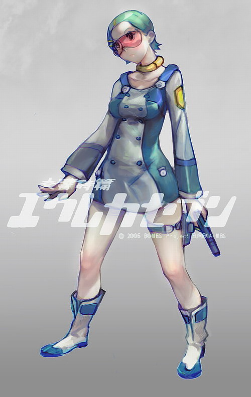 evil-ss, eureka (eureka seven), eureka seven, eureka seven (series), 00s, 1girl, boots, collar, female focus, gun, short hair, solo, thigh strap, weapon, white boots