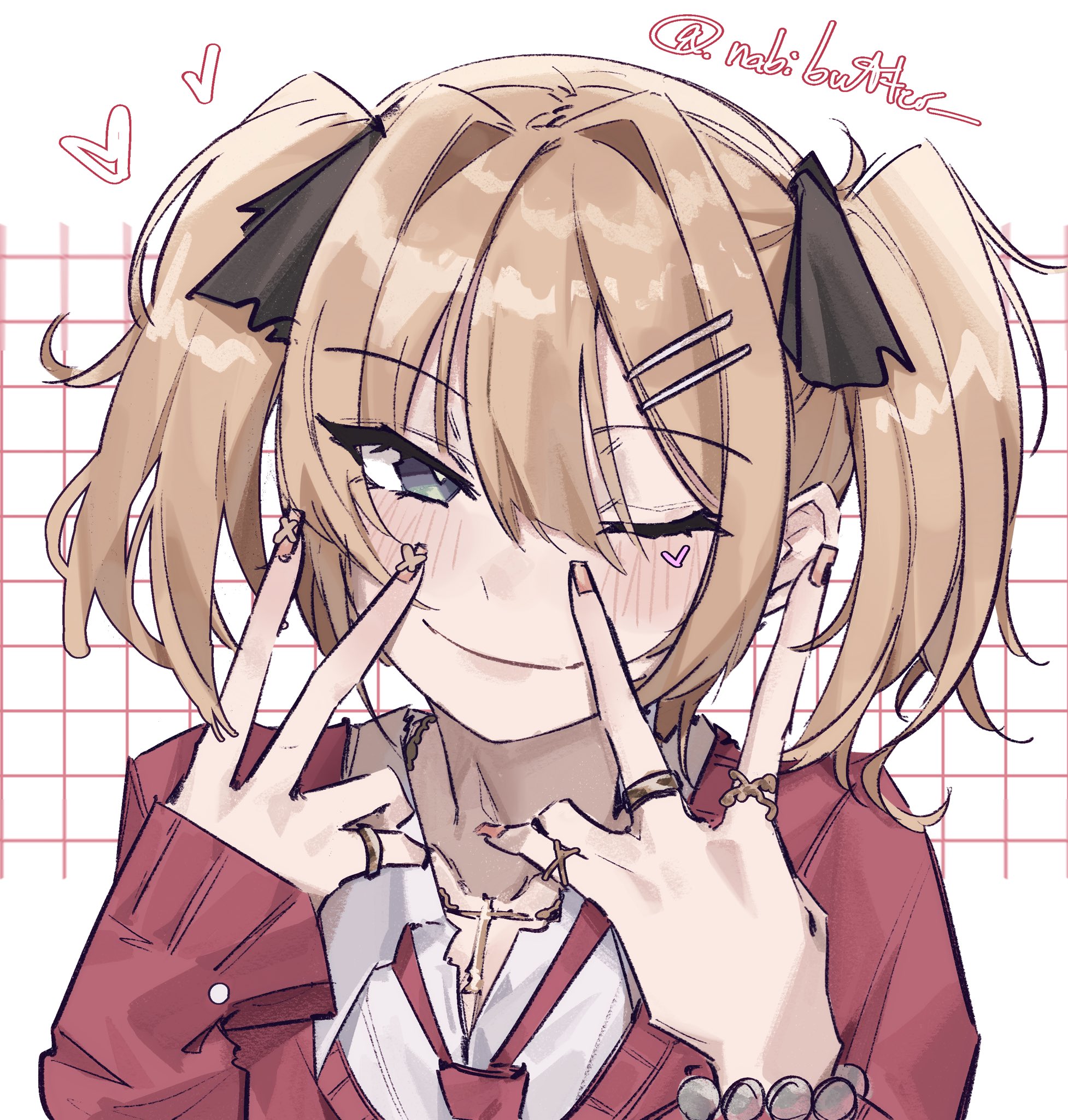 xcider, nabi (xcider), original, commentary, english commentary, highres, 1boy, ;), artist name, bead bracelet, beads, black ribbon, blonde hair, blue eyes, bracelet, crossdressing, crossdressing (mtf), double v, grid background, hair between eyes, hair ornament, hair ribbon, hairclip, heart, jacket, jewelry, light blush, long sleeves, looking at viewer, male focus, medium hair, nail polish, necklace, one eye closed, portrait, red jacket, ribbon, ring, shirt, simple background, sleeves past wrists, smile, solo, trap, twintails, twitter username, v, white background, white shirt