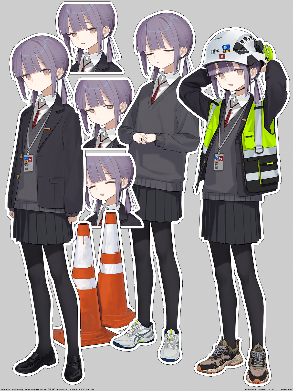 astg, original, highres, 1girl, arms up, black jacket, black pantyhose, bow, brown eyes, closed eyes, grey background, grey sweater, hair bow, helm, helmet, jacket, looking at viewer, low twintails, multiple views, necktie, open mouth, pantyhose, pleated skirt, purple eyes, red necktie, reflective clothes, school uniform, shirt, shoes, short twintails, sidelocks, simple background, skirt, sneakers, sweater, traffic cone, twintails, white shirt