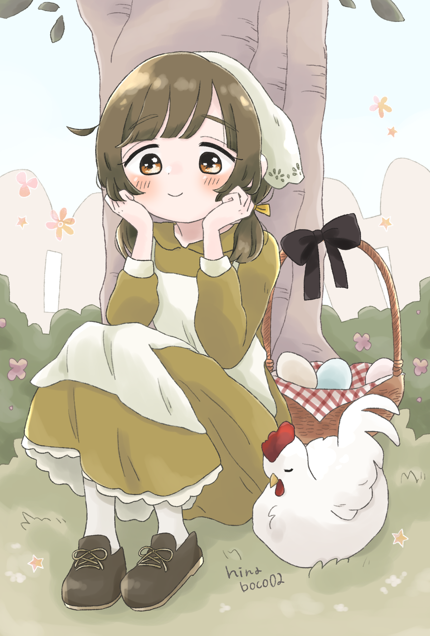 hiiragi hinana, original, highres, 1girl, artist name, basket, bird, black shoes, blush, brown dress, brown hair, chicken, day, dress, egg, medium hair, outdoors, shoes, short twintails, sitting, smile, socks, tree, twintails, white socks