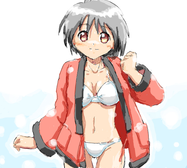 yagi gojou, silver hair, bikini, brown eyes, jacket, open clothes, open jacket, short hair, solo, swimsuit, white bikini