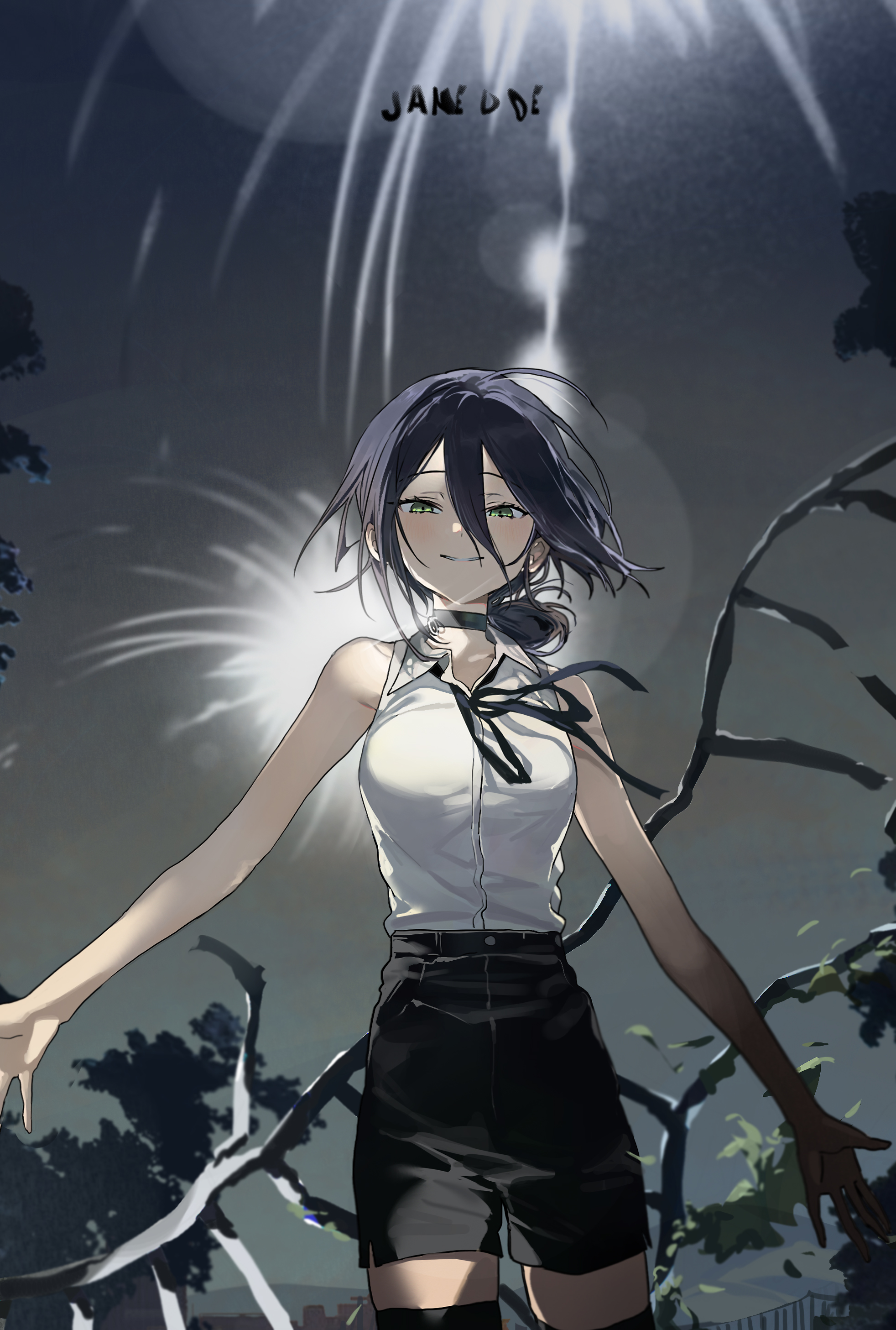 seeshin see, reze (chainsaw man), chainsaw man, absurdres, commentary, hashtag-only commentary, highres, 1girl, bare arms, bare shoulders, black choker, black hair, black shorts, black thighhighs, breasts, choker, cowboy shot, green eyes, hair between eyes, high-waist shorts, long bangs, looking at viewer, medium hair, neck ribbon, outdoors, outstretched arms, parted lips, ribbon, shirt, shirt tucked in, short shorts, shorts, sleeveless, sleeveless shirt, smile, solo, thighhighs