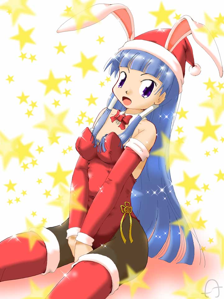 aami, nagi, kannagi, 00s, 1girl, animal ears, blue hair, blunt bangs, christmas, fake animal ears, female focus, hair tubes, hat, long hair, pantyhose, playboy bunny, purple eyes, rabbit ears, santa costume, santa hat, solo, thighhighs