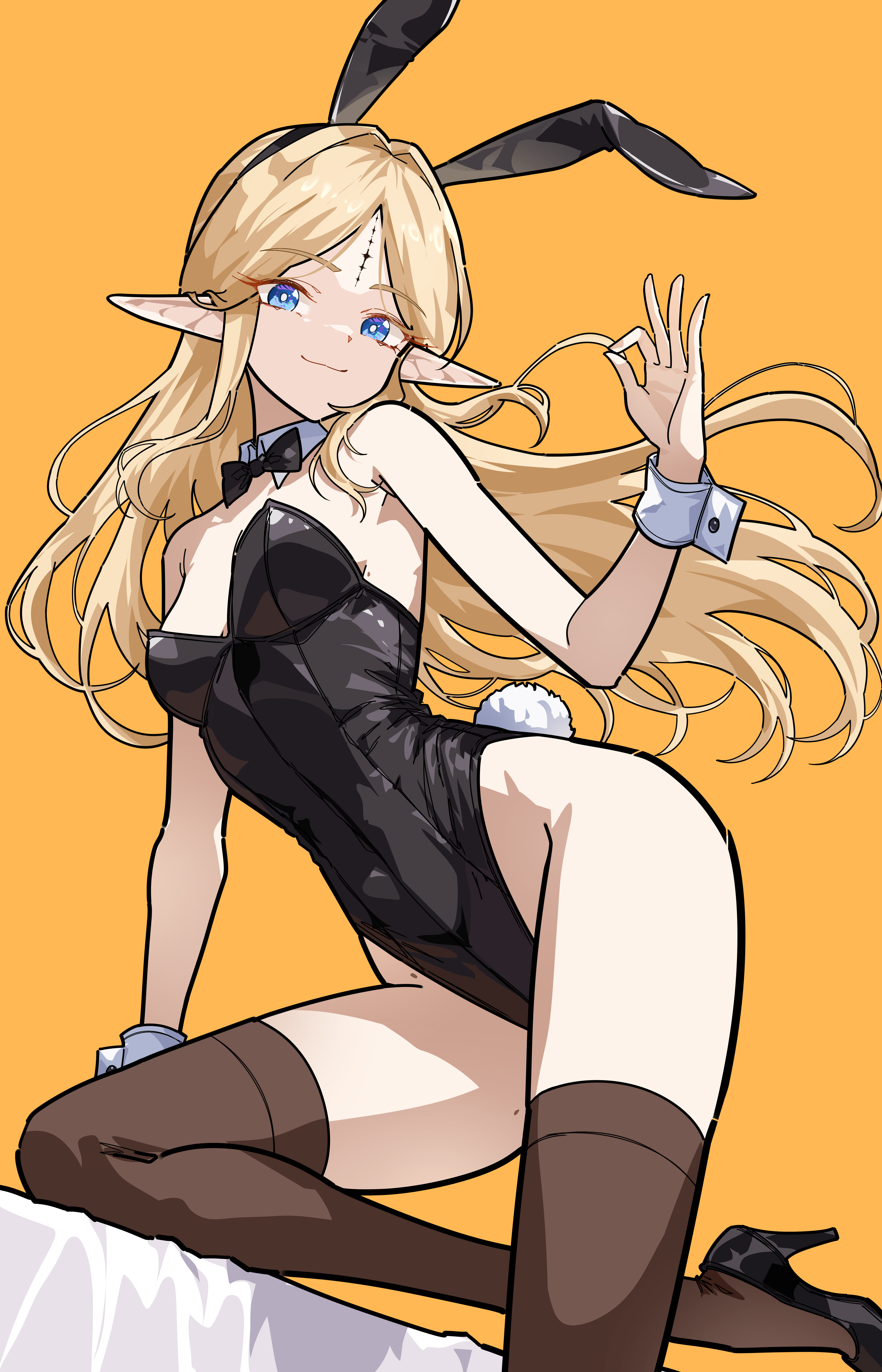ryeon (naturesan), cartethyia (wuthering waves), wuthering waves, absurdres, commentary, english commentary, highres, 1girl, animal ear hairband, animal ears, bare shoulders, black bow, black bowtie, black leotard, black shoes, black thighhighs, blonde hair, blue eyes, bow, bowtie, breasts, closed mouth, fake animal ears, fake tail, hairband, high heels, leotard, long hair, long pointy ears, looking at viewer, medium breasts, orange background, parted bangs, pointy ears, rabbit ear hairband, rabbit ears, rabbit tail, shoes, smile, solo, strapless, strapless leotard, tacet mark (wuthering waves), tail, thighhighs, thighs, wrist cuffs