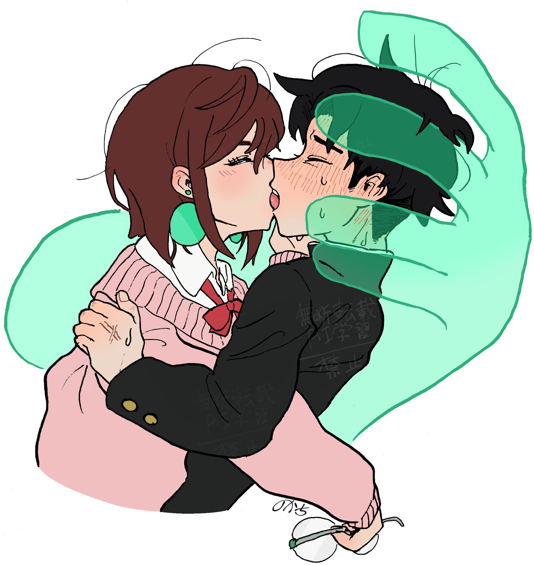 noookachi, ayase momo, takakura ken (dandadan), dandadan, commentary request, highres, 1boy, 1girl, black hair, black jacket, blush, bow, bowtie, brown hair, closed eyes, couple, ear blush, earrings, facing another, french kiss, from side, full-face blush, gakuran, hand on another's cheek, hand on another's face, hetero, holding, holding removed eyewear, hug, jacket, jewelry, kami high school uniform, kiss, long hair, long sleeves, loose bowtie, nervous sweating, pink sweater, profile, red bow, red bowtie, school uniform, short hair, sweat, sweater, telekinesis, tongue, tongue out, unworn eyewear, upper body, white background