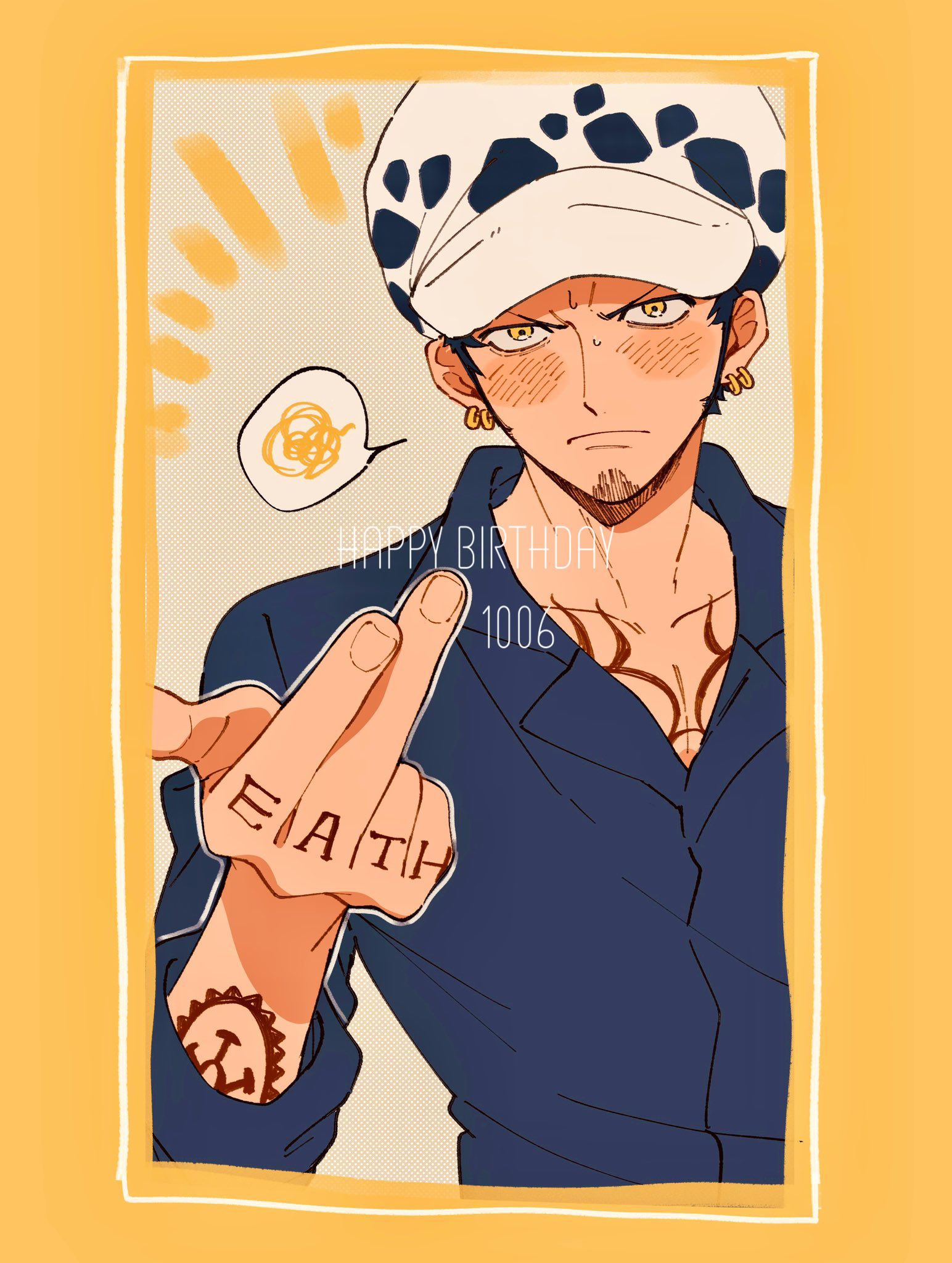 trafalgar law, one piece, commentary request, highres, 1boy, arm tattoo, birthday, black hair, black shirt, blush, blush stickers, chest tattoo, closed mouth, collared shirt, dated, earrings, facial hair, hand tattoo, happy birthday, hat, jewelry, male focus, mikan09365, shirt, short hair, solo, spoken squiggle, squiggle, sweatdrop, tattoo, upper body, white hat
