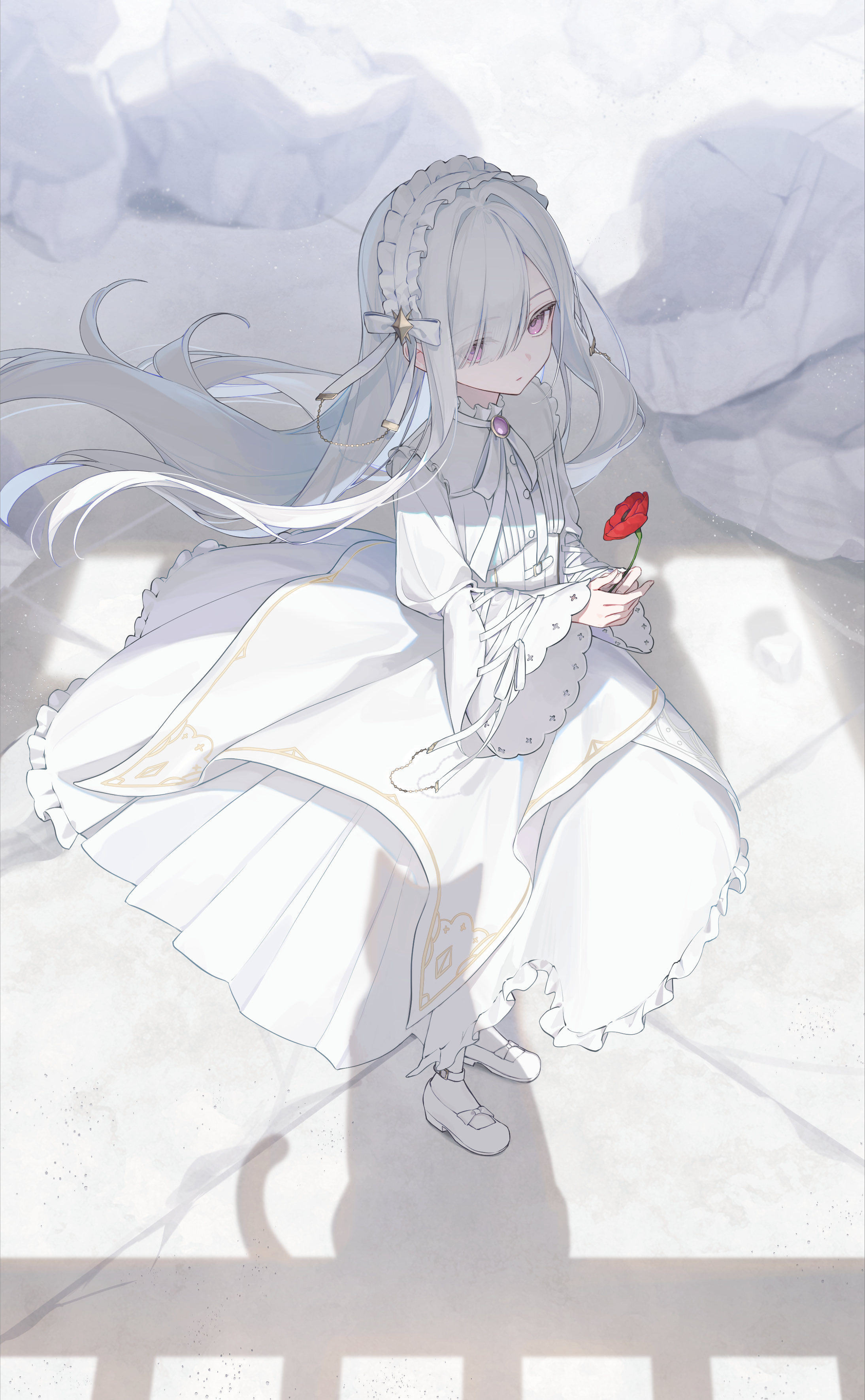 guribato, original, absurdres, highres, 1boy, bow, brooch, cat, corset, cross-laced clothes, cross-laced sleeves, crossdressing, crossdressing (mtf), flower, frilled hairband, frilled shirt, frilled skirt, frills, from above, full body, gold trim, hair over one eye, hairband, hands up, holding, holding flower, jewelry, lolita fashion, lolita hairband, long hair, long skirt, long sleeves, male focus, mary janes, poppy (flower), purple eyes, red flower, ribbon, shadow, shirt, shoes, skirt, socks, solo, standing, trap, very long hair, white background, white bow, white corset, white hair, white ribbon, white shirt, white shoes, white skirt, white socks, white theme, wide sleeves