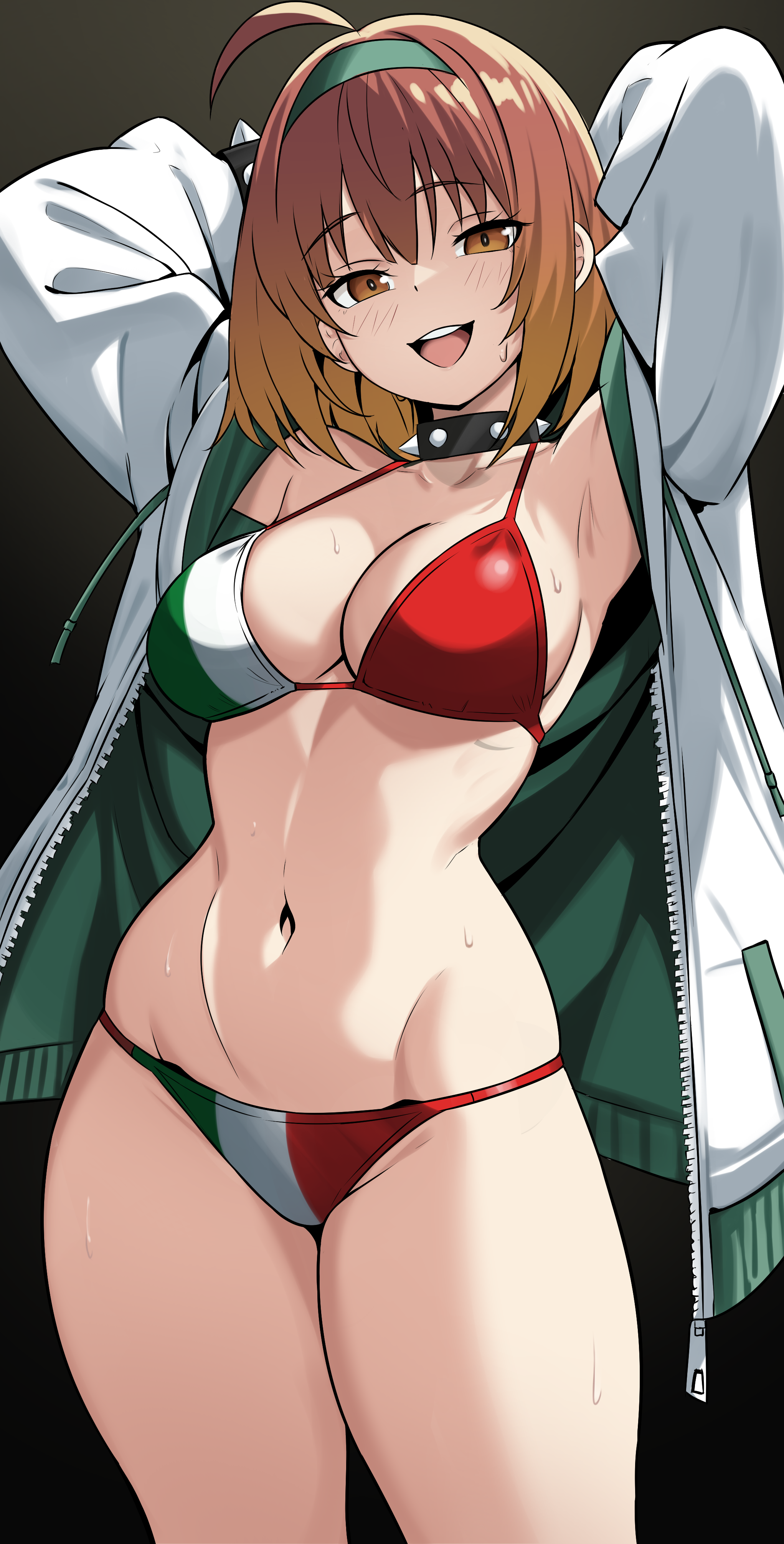 scrapy, original, absurdres, commentary, english commentary, highres, 1girl, :d, ahoge, armpits, arms behind head, arms up, bikini, black background, blush, breasts, brown eyes, brown hair, cleavage, collar, collarbone, cowboy shot, eyelashes, flag print, flag print bikini, gradient background, gradient hair, green hairband, groin, hair between eyes, hairband, halterneck, italian flag, italian flag bikini, italian flag print, jacket, large breasts, long sleeves, looking at viewer, midriff, multicolored hair, multicolored stripes, navel, open clothes, open jacket, open mouth, print bikini, skindentation, smile, solo, spiked collar, spikes, standing, stomach, strap gap, string bikini, sweat, swimsuit, teeth, upper teeth only, white jacket, zipper