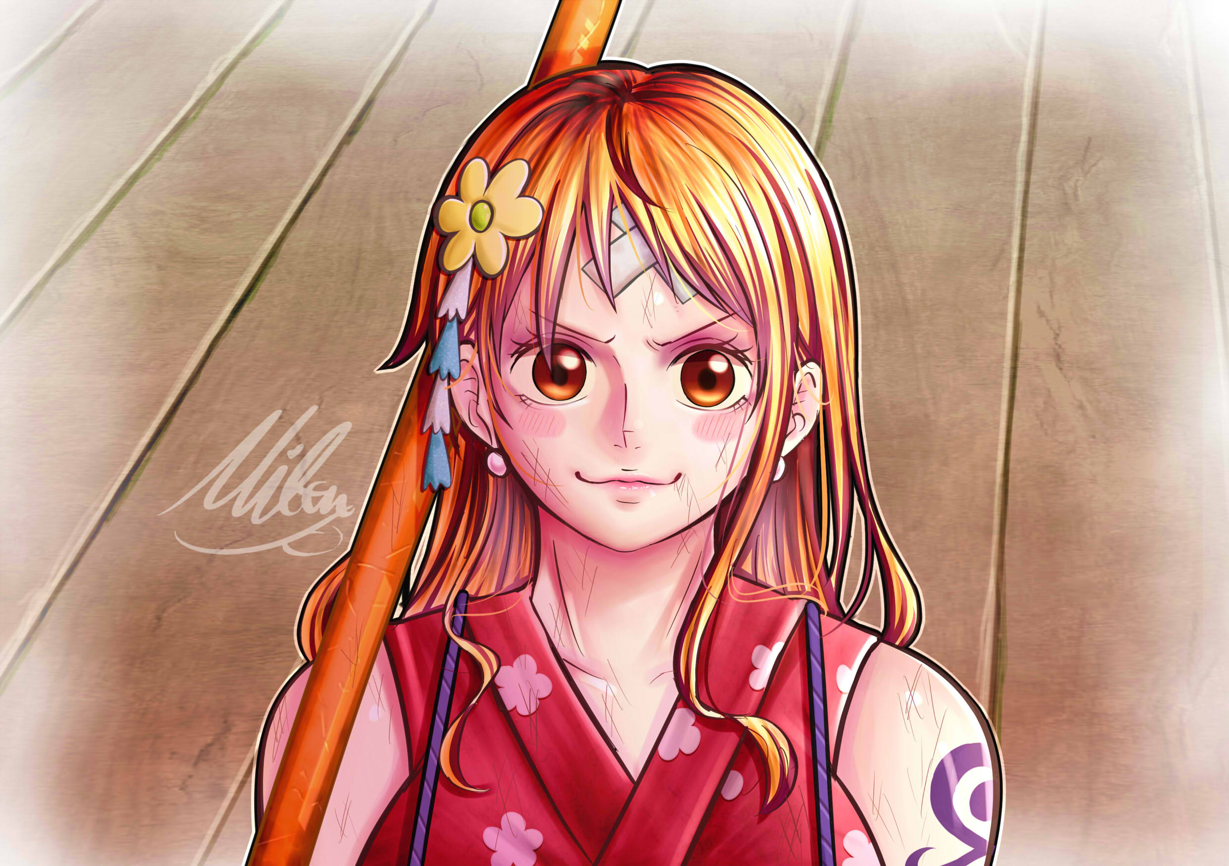 mifenami, nami (one piece), one piece, commentary, highres, 1girl, :3, bandaid, bandaid on face, bandaid on forehead, bare shoulders, battle damage, blush, blush stickers, brown eyes, clima-tact, closed mouth, collarbone, earrings, floral print, floral print kimono, flower, hair flower, hair ornament, japanese clothes, jewelry, kimono, lips, long hair, looking at viewer, official alternate costume, orange hair, pearl earrings, pink lips, print kimono, red kimono, shoulder tattoo, signature, single sidelock, sleeveless, sleeveless kimono, solo, staff, straight-on, tattoo, upper body, v-shaped eyebrows, wooden floor