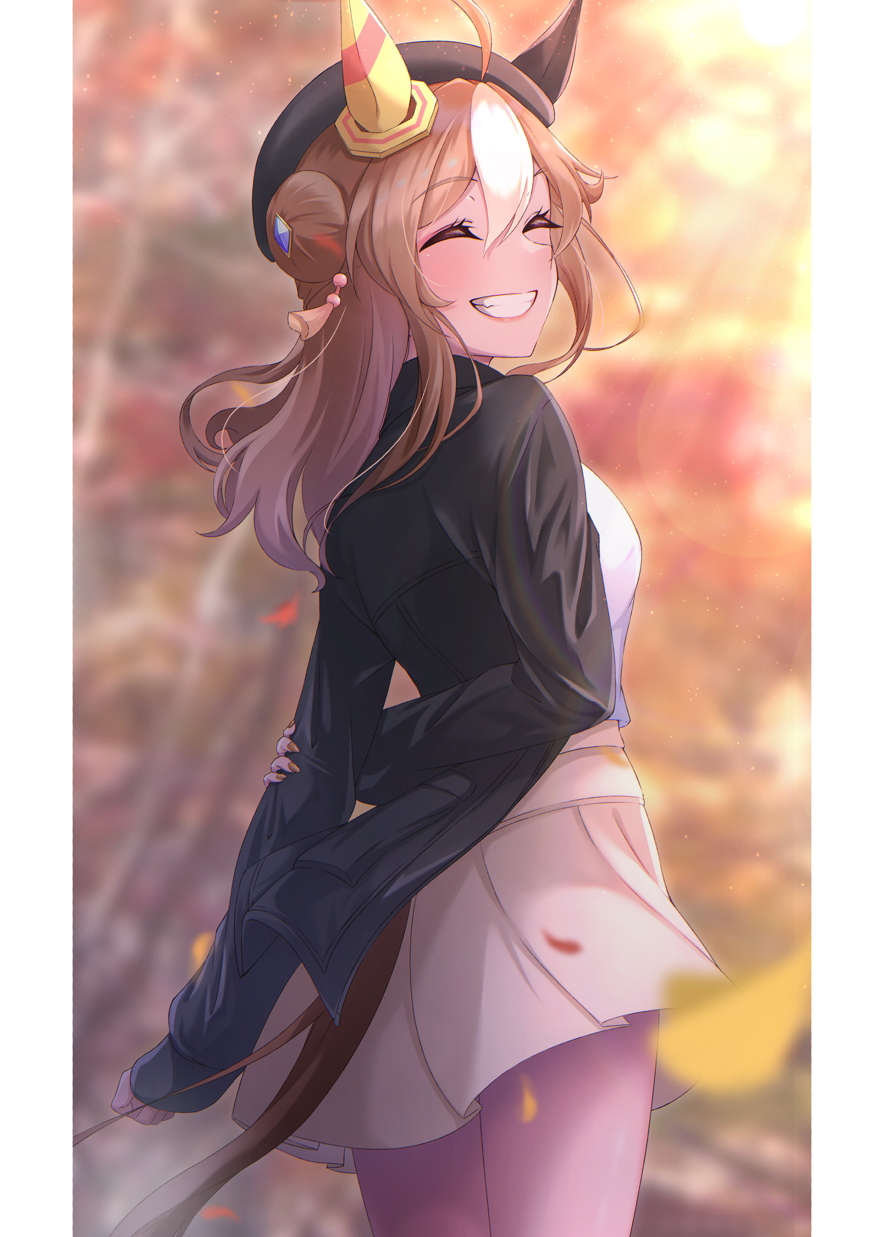 namiki (namiki071897), copano rickey (umamusume), umamusume, absurdres, highres, 1girl, alternate costume, animal ears, arms behind back, autumn leaves, beret, black hat, black jacket, breasts, brown hair, closed eyes, double bun, ear covers, ear ornament, fang, grin, hair between eyes, hair bun, hair ornament, hat, horse ears, horse girl, horse tail, jacket, leaf, long hair, multicolored hair, open mouth, outdoors, shirt, skirt, smile, solo, streaked hair, tail, tassel, tassel hair ornament, teeth, white hair, white shirt