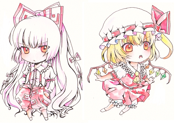 n-mix, flandre scarlet, fujiwara no mokou, touhou, 2girls, blonde hair, chibi, female focus, full body, hair ribbon, hat, long hair, multiple girls, red eyes, ribbon, simple background, standing, suspenders, very long hair, white background, white hair, wings