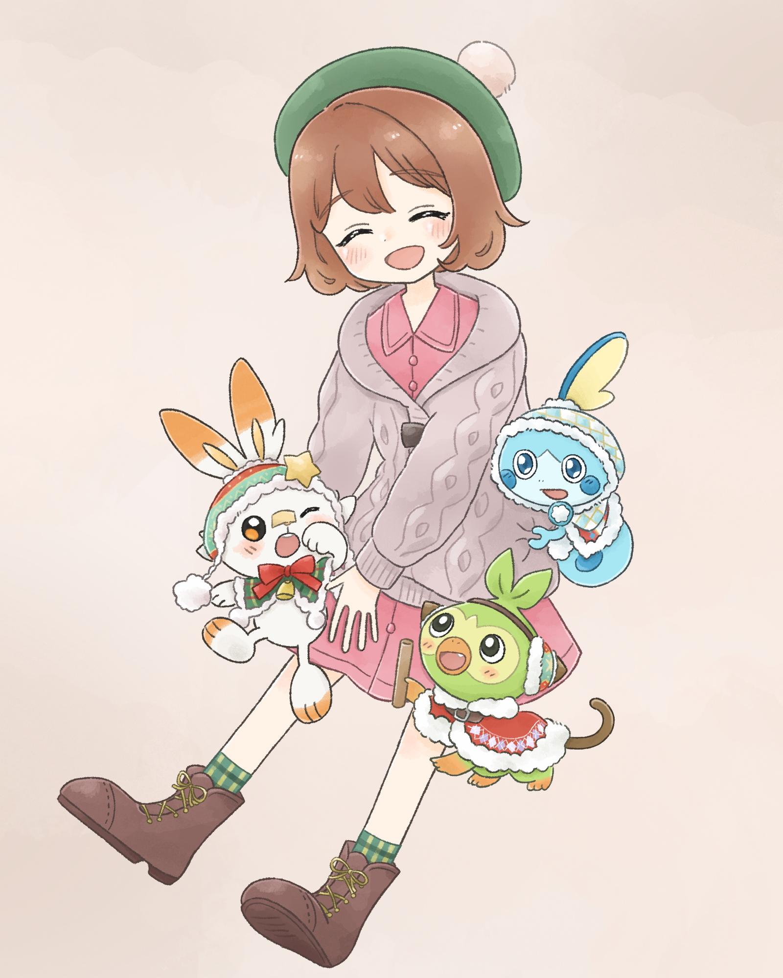 hiiragi hinana, gloria (pokemon), grookey, scorbunny, sobble, nintendo, pokemon, highres, 1girl, ;d, bell, blush, bow, brown hair, brown shoes, cable knit, cardigan, closed eyes, gen 8 pokemon, green hat, green socks, grey cardigan, hat, neck bell, one eye closed, open mouth, pink skirt, plaid clothes, plaid socks, pokemon (creature), red bow, shoes, short hair, simple background, skirt, smile, socks, starter pokemon trio, tam o' shanter