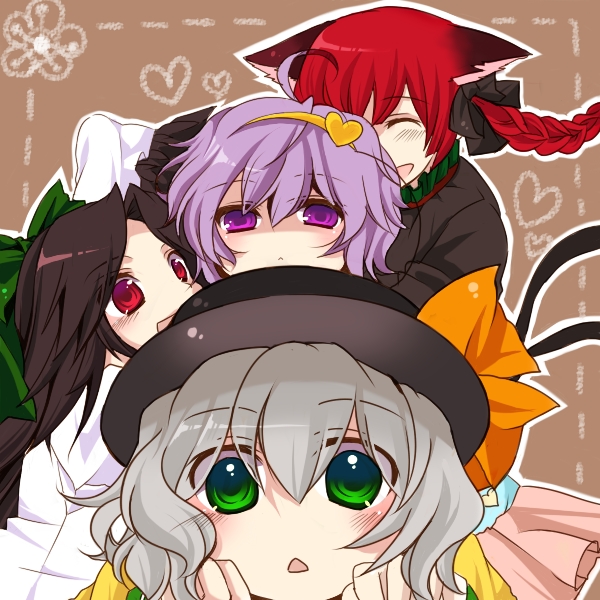 n-mix, kaenbyou rin, komeiji koishi, komeiji satori, reiuji utsuho, touhou, silver hair, 4girls, animal ears, braid, cat ears, cat girl, closed eyes, female focus, hat, multiple girls, purple eyes, purple hair, red eyes