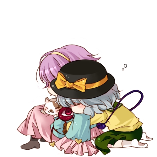 n-mix, komeiji koishi, komeiji satori, touhou, silver hair, lowres, 2girls, cat, closed eyes, female focus, hat, multiple girls, purple hair, siblings, sisters, sleeping
