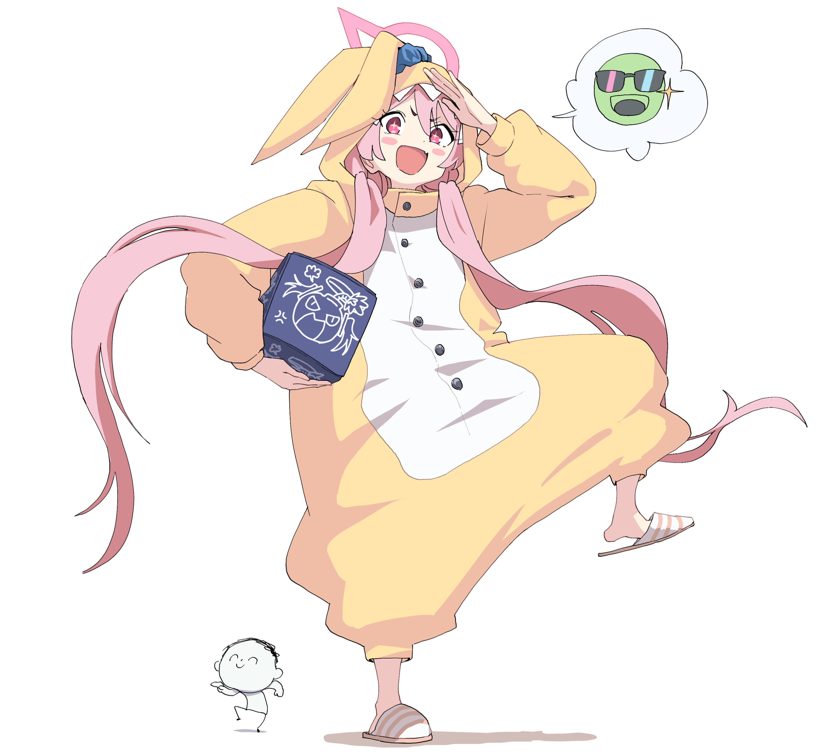 momomatang, doodle sensei (blue archive), koyuki (blue archive), koyuki (pajamas) (blue archive), sensei (blue archive), yuuka (blue archive), blue archive, absurdres, commentary request, highres, + +, 1boy, 1girl, :d, animal ear hood, animal ears, blush stickers, box, buttons, character print, fake animal ears, fang, floating hair, floppy ears, full body, halo, hand up, holding, holding box, hood, hood up, long hair, looking at viewer, low twintails, official alternate costume, official alternate hairstyle, open mouth, pajamas, pink hair, pink halo, rabbit ears, red eyes, salute, skin fang, slippers, smile, smug, sparkle, speech bubble, spoken expression, standing, standing on one leg, thick eyebrows, twintails, v-shaped eyebrows, very long hair, yellow pajamas