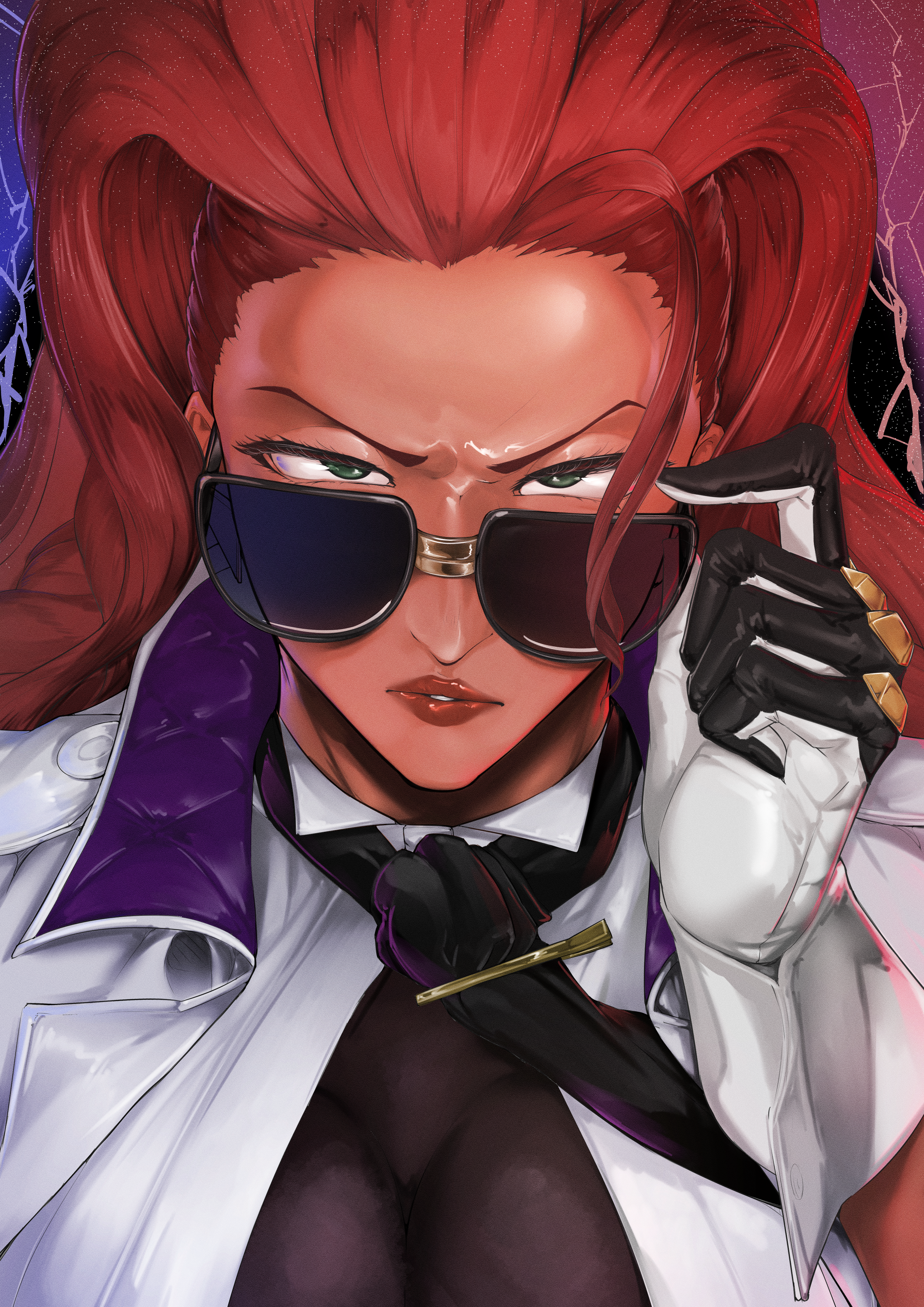 kureshi (hannzi), crimson viper, street fighter, street fighter 6, absurdres, commentary, highres, 1girl, breasts, cleavage, dark-skinned female, dark skin, gloves, green eyes, large breasts, long hair, red hair, solo, sunglasses