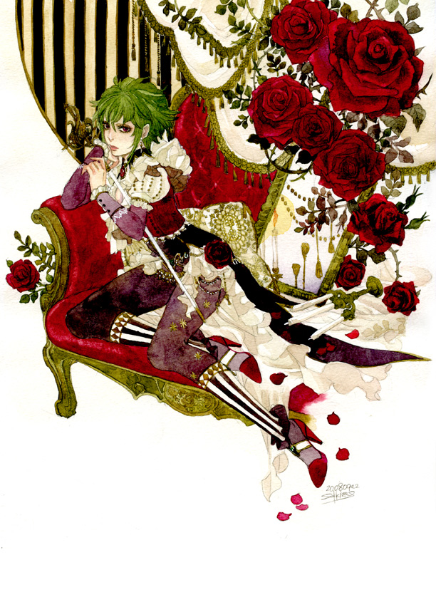 sakizou, asellus (saga frontier), saga, saga frontier, bad id, bad pixiv id, painting (medium), traditional media, watercolor (medium), 1girl, androgynous, female focus, flower, green hair, high heels, red eyes, rose, short hair, solo, sword, weapon