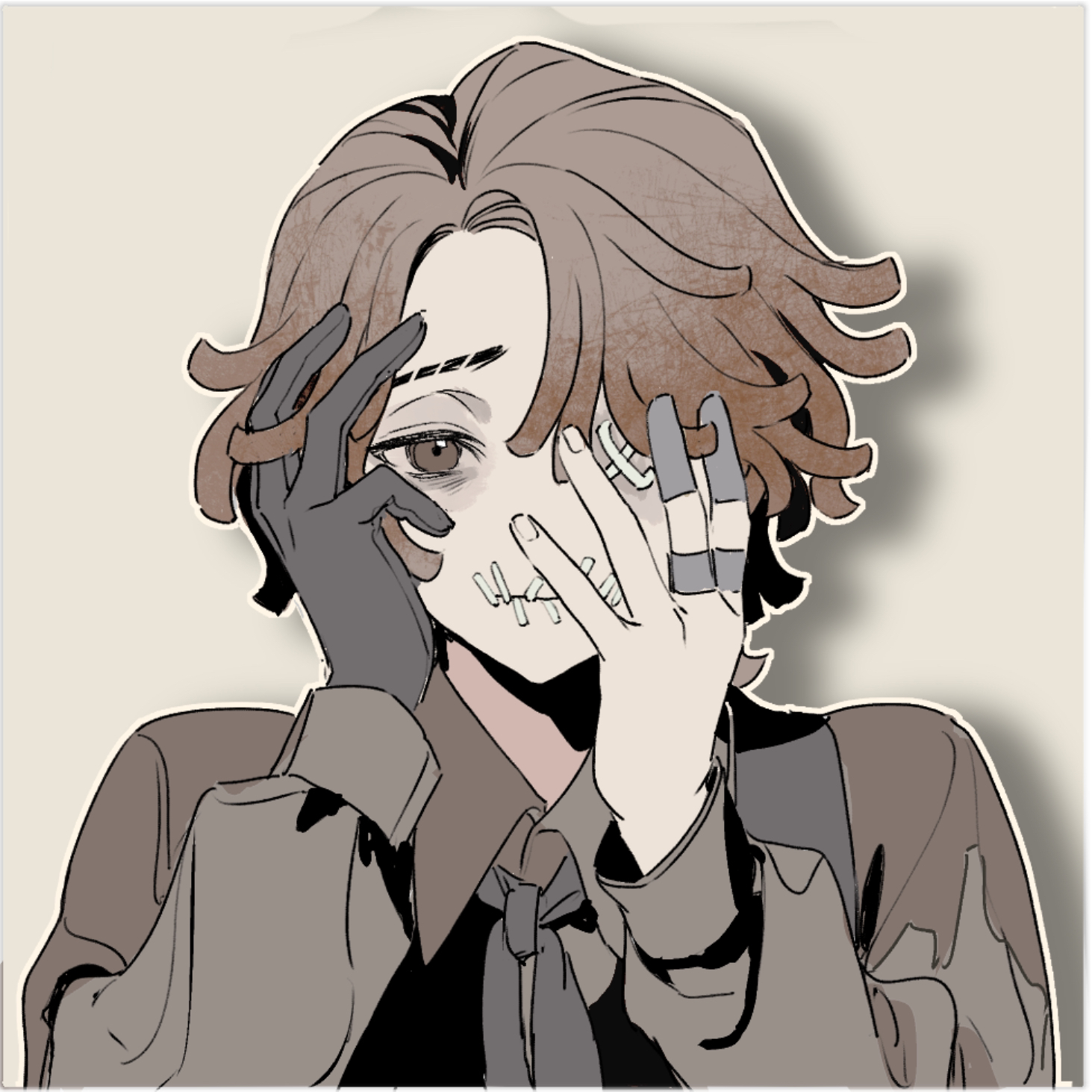 matthias czernin, identity v, highres, 1boy, asymmetrical bangs, bags under eyes, brown background, brown eyes, brown hair, brown shirt, collared shirt, curtained hair, gloves, hair intakes, hand in own hair, hand on own face, looking at viewer, one-eyed, outline, parted bangs, shirt, shizuka0217, single glove, solo, stitched eye, stitched face, stitched mouth, stitches, symbol-shaped pupils, tunic, vest, white outline, wrist cuffs, x-shaped pupils