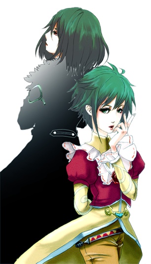 sennin, asellus (saga frontier), ildon, saga, saga frontier, bad id, bad pixiv id, 1boy, 1girl, androgynous, green eyes, green hair, short hair