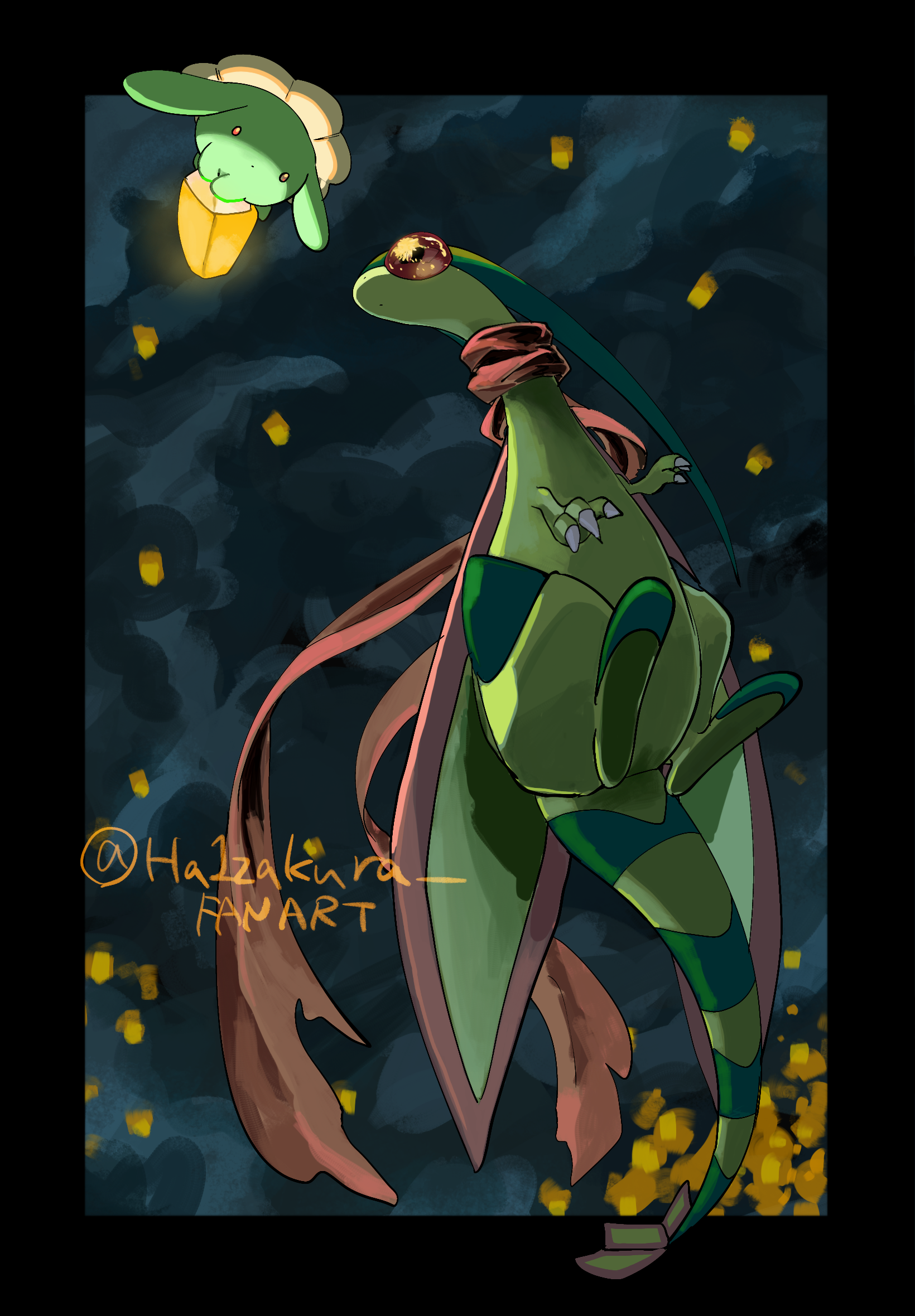 ha1zakura, flygon, skiploom, nintendo, pokemon, highres, artist name, black border, border, gen 2 pokemon, gen 3 pokemon, lantern, night, night sky, no humans, outdoors, outside border, paper lantern, pokemon (creature), red eyes, red scarf, scarf, sky