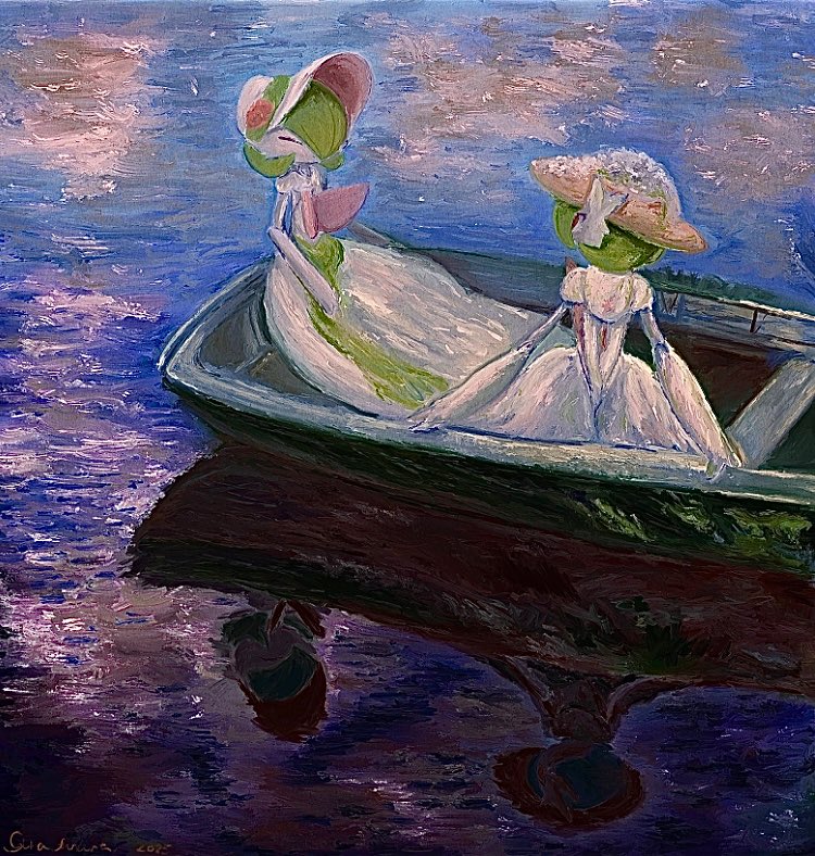 gyura, gardevoir, nintendo, pokemon, 2others, boat, bonnet, closed eyes, closed mouth, colored skin, gen 3 pokemon, green hair, hair over one eye, hat, lake, multicolored skin, multiple others, on boat, outdoors, pokemon (creature), pokemon focus, red eyes, reflection, reflective water, two-tone skin, water, watercraft, white skin